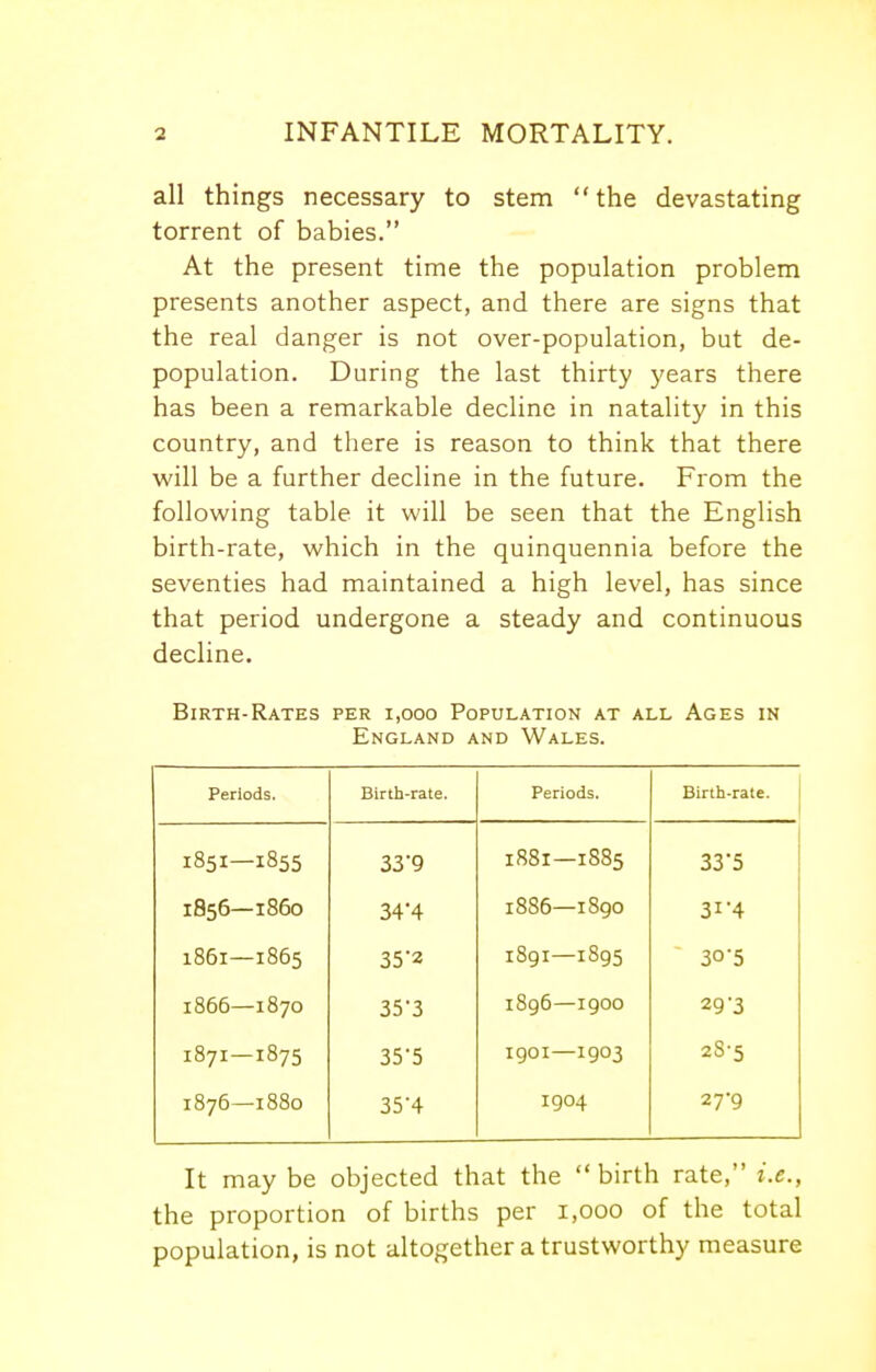 all things necessary to stem the devastating torrent of babies. At the present time the population problem presents another aspect, and there are signs that the real danger is not over-population, but de- population. During the last thirty years there has been a remarkable decline in natality in this country, and there is reason to think that there will be a further decline in the future. From the following table it will be seen that the English birth-rate, which in the quinquennia before the seventies had maintained a high level, has since that period undergone a steady and continuous decline. Birth-Rates per 1,000 Population at all Ages in England and Wales. Periods. Birth-rate. Periods. Birth-rate. 185I—1855 33*9 1881—1885 335 1856—1860 34*4 1886—1890 3i'4 1861—1865 35'2 189I—1895 30-5 1866—1870 35'3 1896—1900 29 3 187I —1875 35'5 190I—1903 2S-5 1876—1880 35-4 1904 27-9 It may be objected that the  birth rate, i.e., the proportion of births per 1,000 of the total population, is not altogether a trustworthy measure