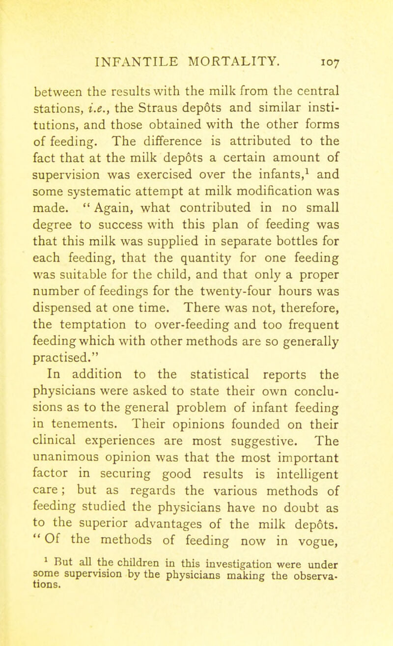 between the results with the milk from the central stations, i.e., the Straus depots and similar insti- tutions, and those obtained with the other forms of feeding. The difference is attributed to the fact that at the milk depots a certain amount of supervision was exercised over the infants,^ and some systematic attempt at milk modification was made.  Again, what contributed in no small degree to success with this plan of feeding was that this milk was supplied in separate bottles for each feeding, that the quantity for one feeding was suitable for the child, and that only a proper number of feedings for the twenty-four hours was dispensed at one time. There was not, therefore, the temptation to over-feeding and too frequent feeding which with other methods are so generally practised. In addition to the statistical reports the physicians were asked to state their own conclu- sions as to the general problem of infant feeding in tenements. Their opinions founded on their clinical experiences are most suggestive. The unanimous opinion was that the most important factor in securing good results is intelligent care; but as regards the various methods of feeding studied the physicians have no doubt as to the superior advantages of the milk depots.  Of the methods of feeding now in vogue, 1 Rut all the children in this investigation were under some supervision by the physicians making the observa- tions.