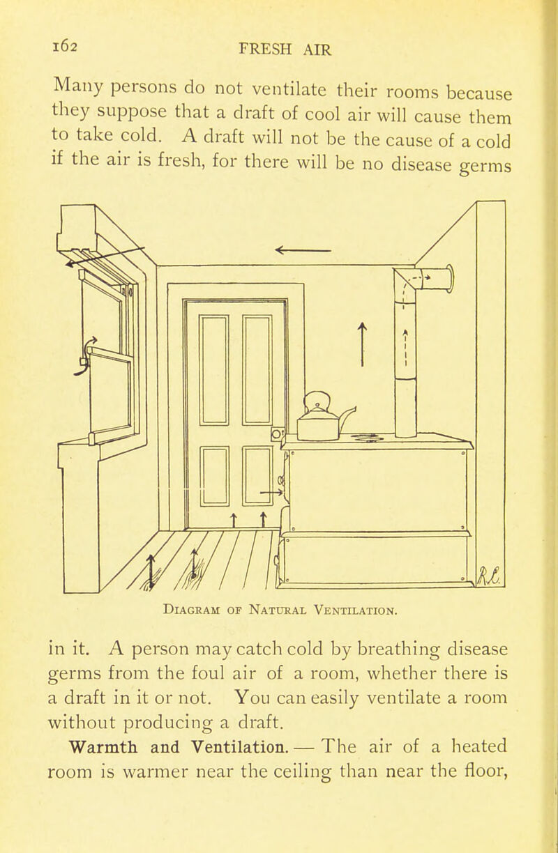 Many persons do not ventilate their rooms because they suppose that a draft of cool air will cause them to take cold. A draft will not be the cause of a cold if the air is fresh, for there will be no disease germs Diagram of Natural Ventilation. in it. A person may catch cold by breathing disease germs from the foul air of a room, whether there is a draft in it or not. You can easily ventilate a room without producing a draft. Warmth and Ventilation. — The air of a heated room is warmer near the ceiling than near the floor,