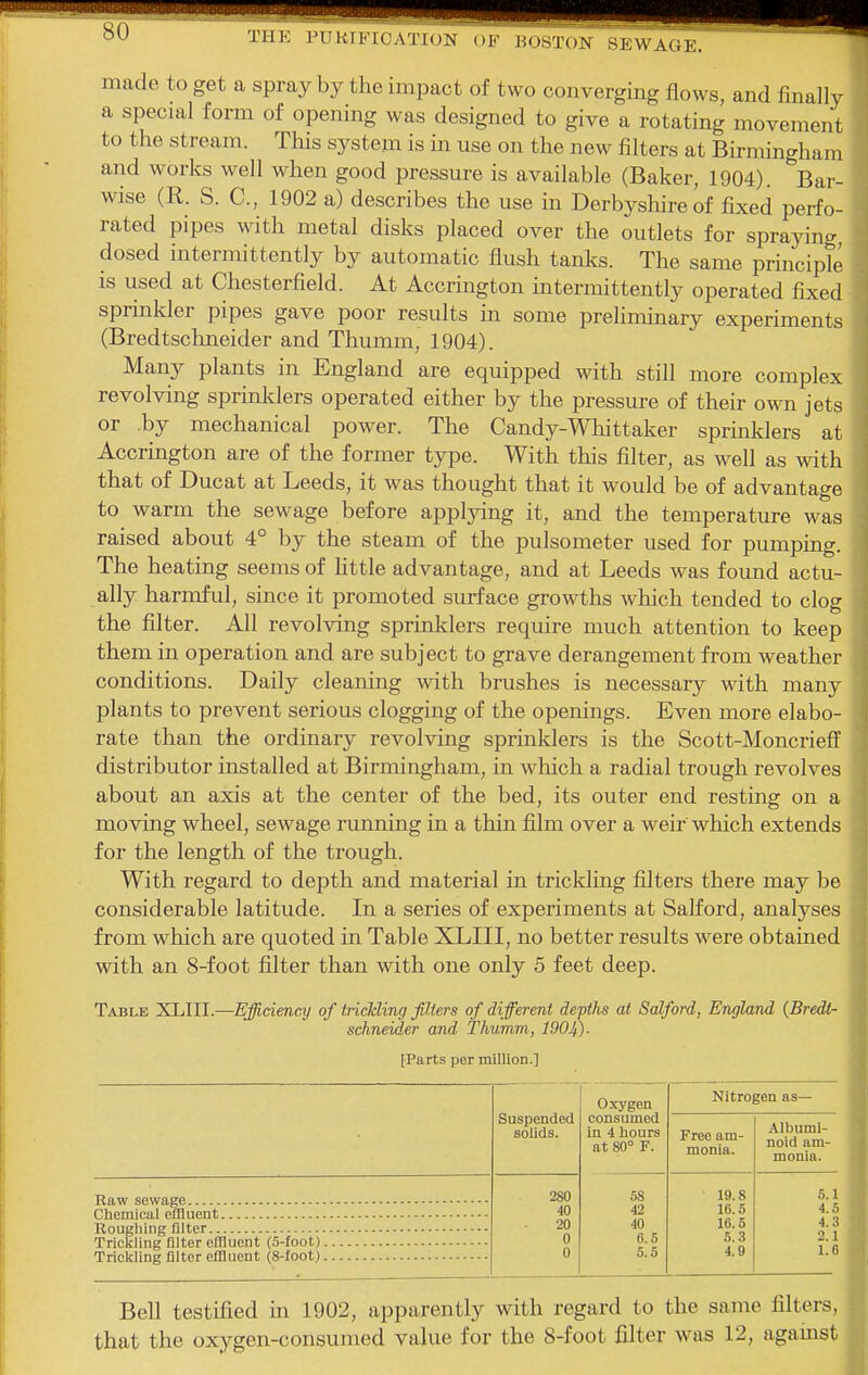 made to get a spray by the impact of two converging flows, and finally a special form of opening was designed to give a rotating movement to the stream. Tliis system is in use on the new filters at Birmingham and works well when good pressure is available (Baker, 1904). Bar- wise (R. S. C, 1902 a) describes the use in Derbyshire of fixed perfo- rated pipes with metal disks placed over the outlets for spraying, dosed intermittently by automatic flush tanks. The same principle is used at Chesterfield. At Accrington intermittently operated fixed sprinkler pipes gave poor results in some preliminary experiments (Bredtschneider and Thumm, 1904). Many plants in England are equipped with still more complex revolving sprinlilers operated either by the pressure of their own jets or .by mechanical power. The Candy-Whittaker sprmklers at Accrington are of the former type. With this filter, as well as with that of Ducat at Leeds, it was thought that it would be of advantage to warm the sewage before applying it, and the temperature was raised about 4° by the steam of the pulsometer used for pumping. The heating seems of httle advantage, and at Leeds was found actu- ally harmful, since it promoted surface growths which tended to clog the filter. All revolving sprinklers require much attention to keep them in operation and are subject to grave derangement from weather conditions. Daily cleaning with brushes is necessary with many plants to prevent serious clogging of the openings. Even more elabo- rate than the ordinary revolving sprinklers is the Scott-Moncriefl distributor installed at Birmingham, in which a radial trough revolves about an axis at the center of the bed, its outer end resting on a moving wheel, sewage running in a thin film over a weif which extends for the length of the trough. With regard to depth and material in trickling filters there may be considerable latitude. In a series of experiments at Salford, analyses from which are quoted in Table XLIII, no better results were obtained with an 8-foot filter than with one only 5 feet deep. Table XLIII.—Efficiency of triclding filters of different depths at Salford, England {Bredl- schneider and Thumm, 1904)- [Parts per million.] Raw sewage Chemical effluent Roughing filter Trickhng filter effluent (5-foot) Triclcling filter effluent (8-foot) Oxygen Suspended consumed solids. in 4 hours at 80° F. 280 58 40 42 20 40 0 6.5 0 5.5 Nitrogen as- Free am- monia. 19.8 16.5 16.5 5.3 4.9 Albumi- noid am- monia. 5.1 4.5 4.3 2.1 1.6 Bell testified in 1902, apparently with regard to the same filters, that the oxygen-consumed value for the S-foot filter was 12, agamst