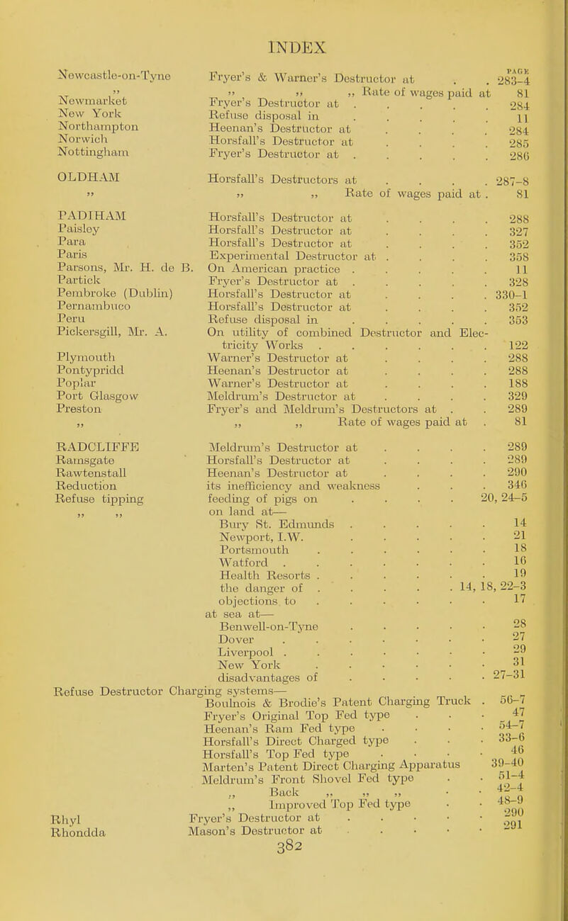 Nowcastlo-on-Tyno j> Newmarket New York Nortluimpton Norwich Nottingham OLDHAM TADItlAM Paisley Para Paris Parsons, Mr. H. de B. Partick Pembroke (Dublin) Pernambuco Peru Pickersgill, Mr. A. Plymouth Pontypridd Poplar Port Glasgow Preston Fryer's & Warner's Destructor at . . 283-1  >. „ Rate of wages paid at 81 Fryer's Destructor at . Refuse disposal in Heenan's Destructor at Horsfall's Destructor at Fryer's Destructor at . Horsf all's Destructors at . . . J) Rate of wages paid at Horsfall's Destructor at Horsfall's Destructor at Horsfall's Destructor at Experimental Destructor at . On iVmerican practice . Fryer's Destructor at Horsfall's Destructor at Horsfall's Destructor at Refuse disposal in On utility of combined Destructor and Elec tricity Works Warner's Destructor at Heenan's Destructor at Warner's Destructor at Meldrum's Destructor at Fryer's and j\Ieldrum's Destructors at ,, Rate of wages paid at RADC'LIFFE Rauisgate Rawtenstall Reduction Refuse tipping Meldrmn's Destructor at Horsfall's Destructor at Heenan's Destructor at its inefficiency and weakness feeding of pigs on „ „ on land at— Biu'y St. Edmunds Newport, I.W. Portsmouth Watford . Health Resorts . the danger of . . . • .14, objections to at sea at— Benwell-on-TjTie Dover Liverpool . New York disadvantages of Refuse Destructor Charging systems— Bouhiois & Brodie's Patent Chargmg Truck Fryer's Original Top Fed typo Heenan's Ram Fed type Horsfall's Direct Charged type Horsfall's Top Fed type Marten's Patent Direct Charging Apparatus Meldrum's Front Shovel Fed type Back ,, „ Improved 'J'op Fed type Rhyl Fryer's Destructor at . . • • Rhondda Mason's Destructor at . . • • 382 284 11 284 285 286 287-8 81 288 327 352 358 11 3-28 330-1 352 353 122 288 288 188 329 289 81 289 280 290 346 20, 24-5 14 21 18 16 19 18, 22-3 17 28 27 29 31 27-31 56-7 47 54-7 33-6 46 39-40 51-4 42-4 48-9 290 291