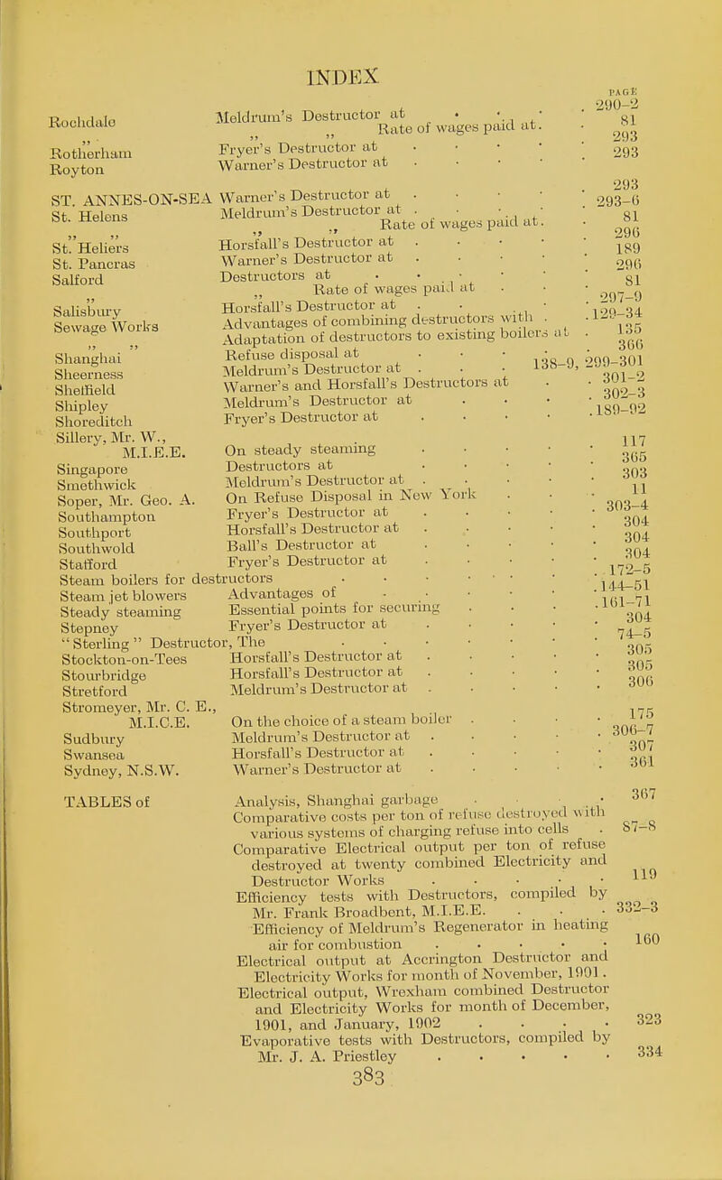 Rochdalo j»  Rotherhain Royton INDEX Meldrum's Destructor at . '., , ' Rate ot wages paid ai.   Fryer's Destructor at • • • ■ Warner's Destructor nt . ST. ANNES-ON-SEA Warner's Destructor at Meldrum's Destructor at . • ■., ., Rate of wages paid at. Horsfall's Destructor at . Warner's Destructor at . Destructors at . • • Rate of wages paid at Horsfall's Destructor at . • • \dvantages of combining destructors with . Adaptation of destructors to existing boilers i Refuse disposal at . • • • Meldrmii's Destructor at . . • l<io Warner's and Horsfall's Destructors at Meldrum's Destructor at ... Fryer's Destructor at . . • • On steady steaming . . . • Destructors at . . . • Meldrimi's Destructor at . On Refuse Disposal in New York Fryer's Destructor at . . • • Horsfall's Destructor at . Ball's Destructor at . . ■ ■ Fryer's Destructor at . • • • St. Helens St!'Helier3 St. Pancras Salford Salisbiu-y Sewage Works Shanghai Sheerness Sheffield Shipley Shoreditch Sillery,Mr. W., M.I.E.E. Singapore Smethwick Soper, Mr. Geo. A. Southampton Southport Southwold Stafford Steam boilers for destructors Steam jet blowers Advantages of Steady steaming Essential points for securin] Stepney Fryer's Destructor at ' Sterling  Destructor, The Stockton-on-Tees Stovirbridge Stretford Stromeyer, Mr. C. M.I.C.E. Sudbury Swansea Sydney, N.S.W. TABLES of E., Horsfall's Destructor at Horsfall's Destructor at Meldrum's Destructor at . On the choice of a steam boiler Meldrum's Destructor at Horsfall's Destructor at Warner's Destructor at . 290-2 81 293 293 293 293-0 81 296 189 296 81 . 297-9 129-34 b . 135 306 9, 299-301 . 301-2 . 302-3 .189-92 117 365 303 11 . 303-4 304 304 304 . 172-5 .144-51 .161-71 304 . 74-5 305 305 300 175 . 300-7 307 . 301 Analysis, Shanghai garbage . ■ • Comparative costs per ton of refuse destroyed ^vlth various systems of charging refuse into cells Comparative Electrical output per ton of refuse destroyed at twenty combined Electricity and Destructor Works . • • ' , ■ ' EfHcienoy tests with Destructors, compiled by Mr. Frank Broadbent, M.I.E.E. . . • Efficiency of Meldrum's Regenerator in heating air for combustion . . . • • Electrical output at Accrington Destructor and Electricity Works for uionth of November, 1901. Electrical output, Wrexham combined Destructor and Electricity Works for month of December, 1901, and January, 1902 . . . • Evaporative tests with Destructors, compiled by Mr. J. A. Priestley 383: 367 87-8 119 332-3 100 323 334