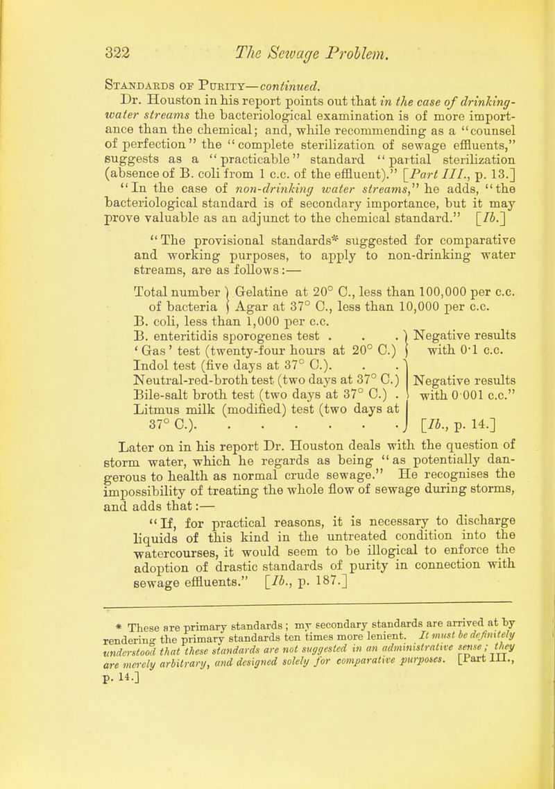 Standards of Purity—continued. Dr. Houston in his report points out that in the case of drinMng- ivater streams tlie bacteriological examination is of more import- ance than the chemical; and, while recommending as a counsel of perfection  the  comp)lete sterilization of sewage effluents, suggests as a practicable standard partial sterilization (absence of B. coli from 1 c.c. of the effluent). [^Part III., p. 13.] In the case of non-drinking water streams, he adds, the bacteriological standard is of secondary importance, but it may prove valuable as an adjunct to the chemical standard. \_Il>.^  The provisional standards* suggested for comparative and working purposes, to apply to non-drinking water streams, are as follows:— Total number ) Gelatine at 20° 0., less than 100,000 per c.c. of bacteria ) Agar at 37° C, less than 10,000 per c.c. B. coli, less than 1,000 per c.c. B. enteritidis sporogenes test . . . ) Negative results ' Gas ' test (twenty-four hours at 20° 0.) ) with 0-1 c.c. Indol test (five days at 37° 0.). Neutral-red-broth test (two days at 37° C.) Bile-salt broth test (two days at 37° 0.) . Litmus milk (modified) test (two days at j 37° 0.) J [76., p. 14.] Later on in his report Dr. Houston deals with the question of Btorm water, which he regards as being as potentially dan- gerous to health as normal crude sewage. He recognises the impossibility of treating the whole flow of sewage during storms, and adds that:— If, for practical reasons, it is necessary to discharge liquids of this kind in the untreated condition into the watercourses, it would seem to be illogical to enforce the adoption of drastic standards of purity in connection with sewage effluents. [lb., p. 187.] Negative results withO OOl c.c. * These are primary standards ; my secondary standards are arrived at by renderino- the primary standards ten times more lenient. It must be deflmtely understood that these standards are not suggested in an administrative ^f^'e ; they are merely arbitrary, and designed solely for comparative purposes. L^^art 1J.1., p. 14.]