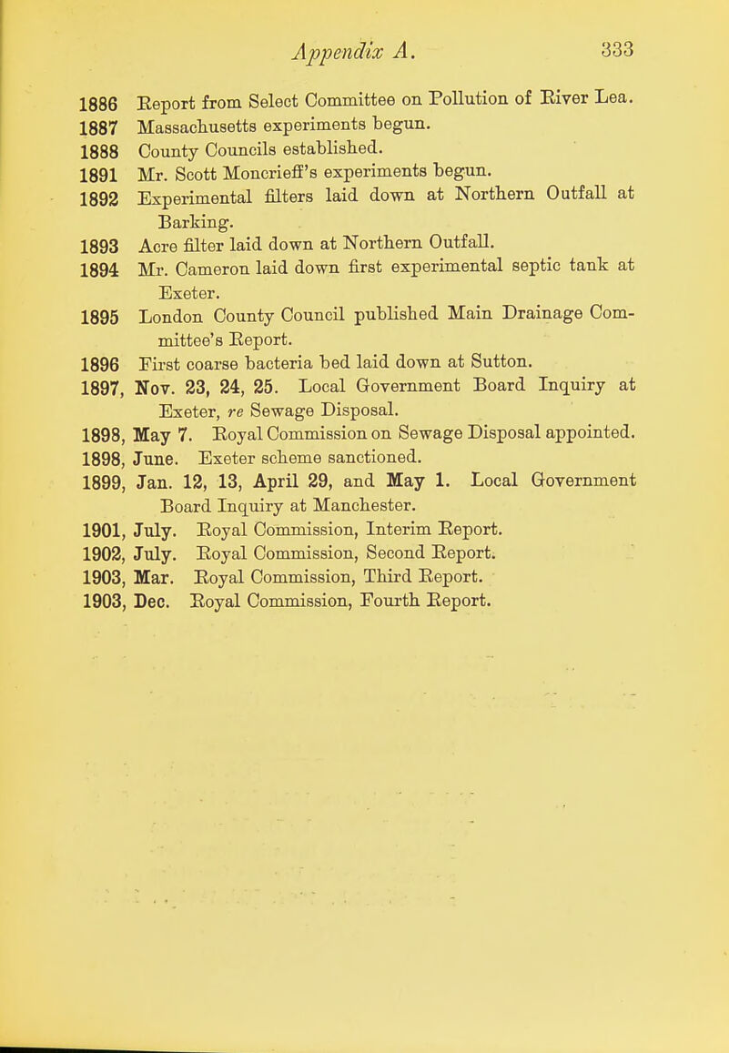 1886 Report from Select Committee on Pollution of Eiver Lea. 1887 Massachusetts experiments begun. 1888 County Councils established. 1891 Mr. Scott Moncriefl's experiments begun. 1892 Experimental filters laid down at Northern Outfall at Barking. 1893 Acre filter laid down at Northern Outfall. 1894 Mr. Cameron laid down first experimental septic tank at Exeter. 1895 London County Council published Main Drainage Com- mittee's Eeport. 1896 First coarse bacteria bed laid down at Sutton. 1897, Nov. 23, 24, 25. Local Government Board Inquiry at Exeter, re Sewage Disposal. 1898, May 7. Eoyal Commission on Sewage Disposal appointed. 1898, June. Exeter scheme sanctioned. 1899, Jan. 12, 13, April 29, and May 1. Local Government Board Inquiry at Manchester. 1901, July. Eoyal Commission, Interim Eeport. 1902, July. Eoyal Commission, Second Eeport. 1903, Mar. Eoyal Commission, Third Eeport. 1903, Dec. Eoyal Commission, Fourth Eeport.