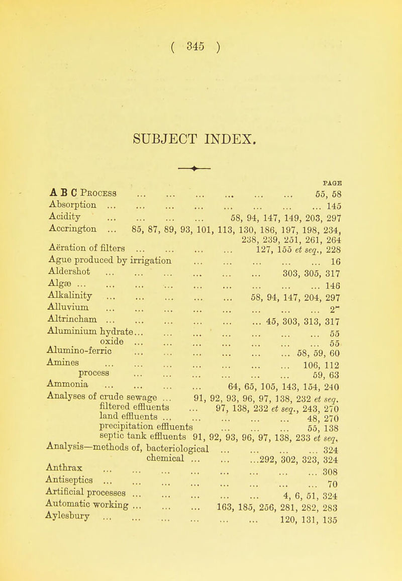 SUBJECT INDEX. PAGE ABC PE0CES3 55, 58 Absorption ... ... ... 145 Acidity 58, 94, 147, 149, 203, 297 Accrington ... 85, 87, 89, 93, 101, 113, 130, 186, 197, 198, 234, 238, 239, 251, 261, 264 Aeration of filters 127, 155 et seq., 228 Ague produced by irrigation 16 Aldershot 303, 305, 317 ^gSB 146 -AJtaUnity 58, 94, 147, 204, 297 Alluvium ... ... ... ... . 2* Altrincbam 45, 303, 313, 317 Aluminium hydrate 55 oxide 55 Alumino-ferric 58, 59, 60 ^^loines 106, 112 process 59^ 63 ■^™oiiia 64, 65, 105, 143, 154, 240 Analyses of crude sewage ... 91, 92, 93, 96, 97, 138, 232 et seq. filtered effluents ... 97, 138, 232 et seq., 243, 270 land effluents ... ... ... ... ... 43 270 precipitation effluents ... 55^ 138 septic tank effluents 91, 92, 93, 96, 97, 138, 233 et seq. Analysis—methods of, bacteriological 324 chemical 292, 302, 323, 324 Anthrax ... ... Antiseptics _ _ Artificial processes 4 6 51 324 Automatic working 163, 135, 256, 281, 282', 283 Aylesbury 12o, 131, 135