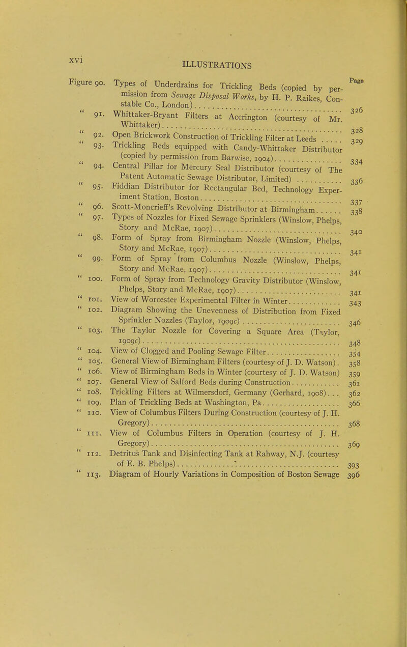ILLUSTRATIONS Figure 90. Types of Underdrains for Trickling Beds (copied by per- mission from Sewage Disposal Works, by H. P. Raikes Con- stable Co., London) ' 91. Whittaker-Bryant Filters at Accrington (courtesy'of Mr Whittaker) 92. Open Brickwork Construction of Trickling Filter at Leeds .. . .. 329 93- Trickling Beds equipped with Candy-Whittaker Distributor (copied by permission from Barwise, 1904) 94- Central Pillar for Mercury Seal Distributor (courtesy of The Patent Automatic Sewage Distributor, Limited) 336 95- Fiddian Distributor for Rectangular Bed, Technology Exper- iment Station, Boston.. ' 3S7 Scott-Moncrie£f's Revolving Distributor at Birmingham 338 96. 97. Types of Nozzles for Fixed Sewage Sprinklers (Winslow, Phelps, Story and McRae, 1907) ' 98. Form of Spray from Birmingham Nozzle (Winslow, Phelps, Story and McRae, 1907) ' ^41 99. Form of Spray from Columbus Nozzle (Winslow, Phelps, Story and McRae, 1907) ' 100. Form of Spray from Technology Gravity Distributor (Winslow, Phelps, Story and McRae, 1907) 341 101. View of Worcester Experimental Filter in Winter 343 102. Diagram Showing the Unevenness of Distribution from Fixed Sprinkler Nozzles (Taylor, 1909c) 346 103. The Taylor Nozzle for Covering a Square Area (Taylor, 1909c) 348 104. View of Clogged and Pooling Sewage Filter 354 105. General View of Birmingham Filters (courtesy of J. D. Watson). 358 106. View of Birmingham Beds in Winter (courtesy of J. D. Watson) 359 107. General View of Salford Beds during Construction 361 108. Trickling Filters at Wilmersdorf, Germany (Gerhard, 1908)... 362 109. Plan of Trickling Beds at Washington, Pa 366 no. View of Columbus Filters During Construction (courtesy of J. H. Gregory) 368 111. View of Columbus Filters in Operation (courtesy of J. H. Gregory) 369 112. Detritus Tank and Disinfecting Tank at Rahway, N.J. (courtesy of E. B. Phelps) 393 113. Diagram of Hourly Variations in Composition of Boston Sewage 396