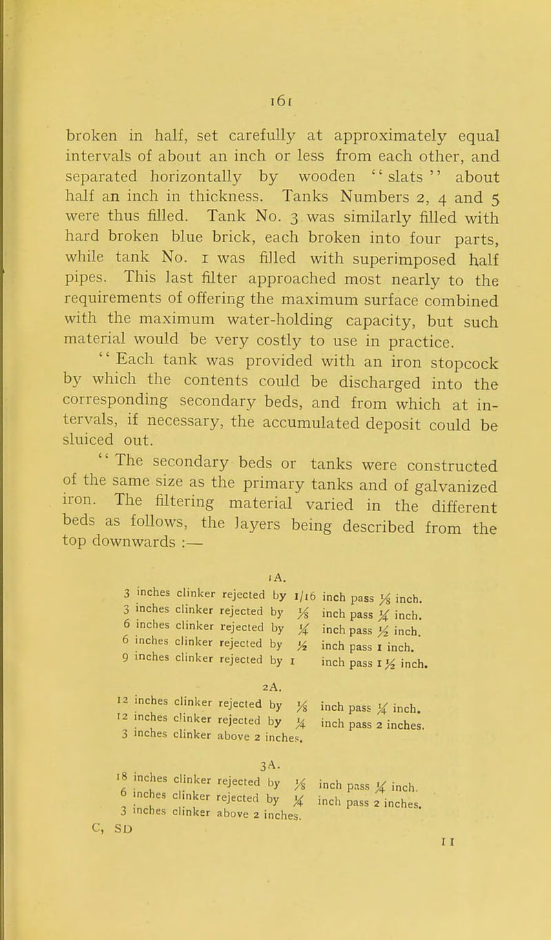 i6( broken in half, set carefully at approximately equal intervals of about an inch or less from each other, and separated horizontally by wooden '' slats '' about half an inch in thickness. Tanks Numbers 2, 4 and 5 were thus filled. Tank No. 3 was similarly filled with hard broken blue brick, each broken into four parts, while tank No. i was filled with superimposed half pipes. This last filter approached most nearly to the requirements of offering the maximum surface combined with the maximum water-holding capacity, but such material would be very costly to use in practice. Each tank was provided with an iron stopcock by which the contents could be discharged into the corresponding secondary beds, and from which at in- tervals, if necessary, the accumulated deposit could be sluiced out. The secondary beds or tanks were constructed of the same size as the primary tanks and of galvanized iron. The filtering material varied in the different beds as follows, the layers being described from the top downwards :— lA. 3 inches clinker rejected by 1/16 inch pass /s inch. 3 inches clinker rejected by >^ inch pass X inch. 6 inches clinker rejected by ^ inch pass K inch 6 inches clinker rejected by inch pass i inch. 9 inches clinker rejected by i inch pass I ^ inch. 2A. 12 inches clinker rejected by inch pass X inch. 12 inches clinker rejected by X inch pass 2 inches. 3 inches clinker above 2 inches. 3A. •8 inches clinker rejected by y inch pass X inch 6 inches clinker rejected by X inch pass 2 inches. 3 inches clinker above 2 inches. C, SD