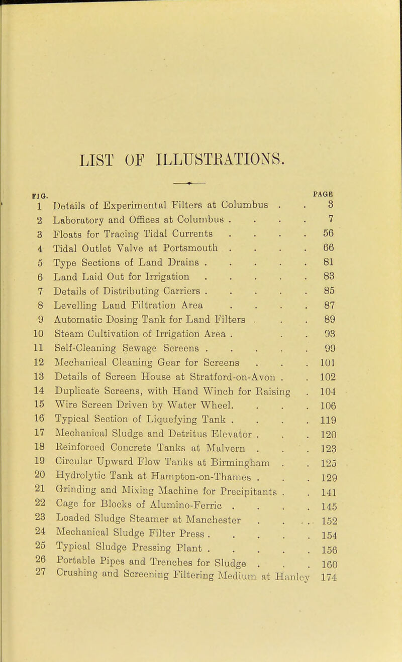 FIG. PAGE 1 Details of Experimental Filters at Columbus . . 3 2 Laboratory and Offices at Columbus .... 7 3 Floats for Tracing Tidal Currents .... 56 4 Tidal Outlet Valve at Portsmouth .... 66 5 Type Sections of Land Drains ..... 61 6 Land Laid Out for Irrigation ..... 83 7 Details of Distributing Carriers ..... 85 8 Levelling Land Filtration Area .... 87 9 Automatic Dosing Tank for Land Filters . . . 89 10 Steam Cultivation of Irrigation Area . . . 93 11 Self-Cleaning Sevi'age Screens ..... 99 12 Mechanical Cleaning Gear for Screens . . . 101 13 Details of Screen House at Stratford-on-Avou . . 102 14 Duplicate Screens, vpith Hand Winch for Raising . 104 15 Wire Screen Driven by Water Wheel. . . . 106 16 Typical Section of Liquefying Tank .... 119 17 Mechauical Sludge and Detritus Elevator . . . 120 18 Reinforced Concrete Tanks at Malvern . . . 123 19 Circular Upward Flow Tanks at Birmingham . . 125 20 Hydrolytic Tank at Hampton-on-Thames . . .129 21 Grinding and Mixing Machine for Precipitants . . 141 22 Cage for Blocks of AIumino-Ferric .... 145 23 Loaded Sludge Steamer at Manchester . . . . 152 24 Mechanical Sludge Filter Press 154 25 Typical Sludge Pressing Plant 156 26 Portable Pipes and Trenches for Sludge . . .160 27 Crushing and Screening Filtering Medium at Hanley 174