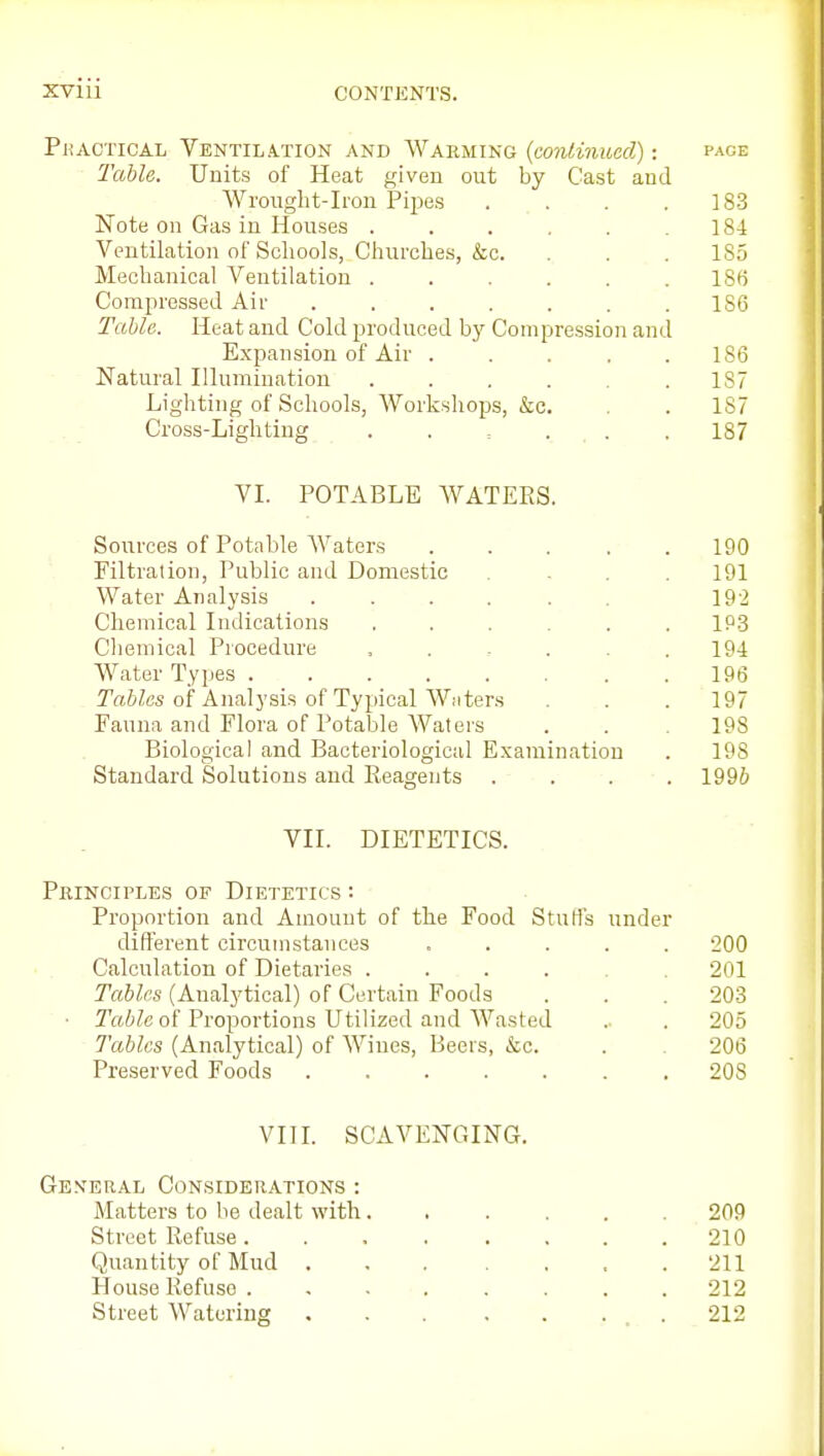 PliACTicAL Ventilation and Warming {conlinucd): pace 2'able. Units of Heat given out by Cast and Wrought-Iron Pipes . . . .183 Note on Gas in Houses . . . , . .184 Ventilation of Scliools, Churches, &c. . . . 185 Mechanical Ventilation ...... 186 Compressed Air ....... 186 Table. Heat and Cold produced by Compression and Expansion of Air . . . . .186 Natural Illumination 187 Lighting of Schools, Workshops, &c. . 187 Cross-Lightiug ...... 187 VI. POTABLE WATERS. Sources of Potable Waters 190 Filtration, Public and Domestic .... 191 Water Analysis 192 Chemical Indications ...... 1P3 Cliemical Procedure ...... 194 Water Types 196 TaSfcs of Analysis of Typical Wiiters . . . 197 Fauna and Flora of Potable Waters . . .198 Biological and Bacteriological Examination . 198 Standard Solutions and Reagents .... 1996 VII. DIETETICS. Principles of Dietetics : Proportion and Amount of the Food Stulfs under different circumstances ..... 200 Calculation of Dietaries ...... 201 TaUcs (Analytical) of Certain Foods . . .203 ■ of Proportions Utilized and Wasted .. . 205 Tables (Analytical) of Wines, Beers, &c. . 206 Preserved Foods ....... 208 VIIL SCAVENGING. Gen'eral Considerations : Matters to be dealt with 209 Street Refuse 210 Quantity of Mud 211 House Refuse . . . ■ , . . . . 212 Street Watering . 212