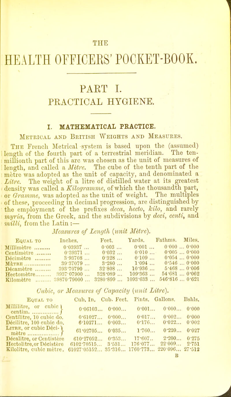 THE HEALTH OFFICERS' POCKET-BOOK. PAET 1. PEACTICAL HYGIENE. I. MATHEMATICAL PRACTICE. Metrical and British Weights and Measures. The French Metrical system is based upon the (assumed) length of the fourth part of a terrestiial meridian. The ten- miUiontli part of this arc was chosen as the unit of measures of length, and called a 3IUre. The cube of the tenth part of the metre was adopted as the unit of capacity, and denominated a Litre. The weight of a litre of distilled water at its gi-eatest density was called a Kilogramme, of which the thousandth part, or Gramme, was adopted as the unit of weight. The multiples of these, proceeding in decimal progression, are distinguished by the employment of the prefixes deca, hecto, kilo, and rarely myria, from the Greek, and the subdivisions by deci, centi, and milli, from the Latin :— treasures of Lencjth {unit Mitre). Equal to Inches. Feet. Yards. Fathms. Miles. Millimetre 0-039.37 ... 0 003 ... 0-001 ... O'OOO ... O'OOO Centimilre 0-30371 ... 0-032 ... O'OIO ... 0-005 ... 0-000 D^cimfetre 3-93708 ... 0-328 ... 0 109 ... 0-0.54 ... 0-000 Mf;TRE 39-37079... 3-280... 1-094... 0-546 ... O'OOO Dteamfetre .393-70790... 32-808... 10-936... 6-468 ... 0-006 Hectometre 39.37 07900 ... 328-089 ... 109-.363 ... 54-081 ... 0-062 Kilomfetre 39870-79000 ... 3280-899 ... 1093-633 ... 546-816 ... 0-621 Cubic, or Measures of Capacity {unit Litre). Equal to Cub. In. Cub. Feet. Pints. Gallons. Dslils. Millilitre, or cubic 1 0-0G103... 0-000... 0-001... 0 000... 0-000 centiin J Centilitre, 10 cul)ic do. 0-61027... 0-000... 0-017... 0-002... 0-000 Decilitre, 100 cubic do. 0-10271... 0-003... 0-170... 0-022... 0-002 ^ra^tre' } CI■02705... 0-035... 1-700... 0-220... 0-027 Decalitre, or Centiat'ire 610-27052... 0-353... 17-007.. 2-200... 0-275 Heotolitre,ormci.stfero 6102-70.515... 3-531... 170-077... 22-000... 2-751 Kilolitre, cubic mttre. 01027-0.5152... 35-310... 1760-778... 220-090... 27-D12 B