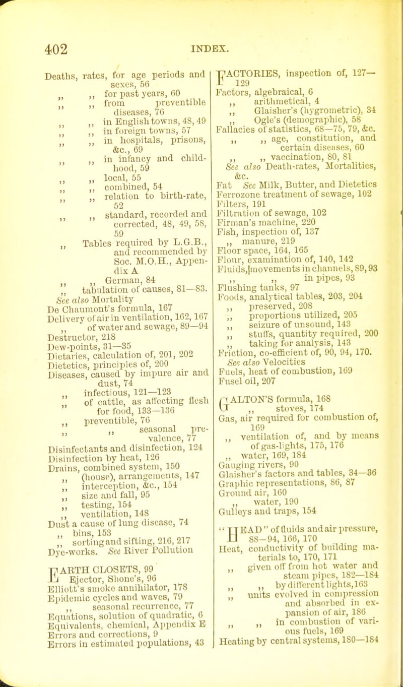 Deaths, rates, for age periods and sexes, 56 „ ,, for jiast years, 60 „ from ijreveutible diseases, 76 ,, in Englislitowns, 48, 49 \] ,, in foreign towns, 57 in liospitals, prisons, &c., 69 in infancy and child- hood, 59 ,, „ local, 55 ,, ,, combined, 54 „ relation to birth-rate, 52 ,, standard, recorded and  corrected, 48, 49, 58, 59 ,, Tables required by L.G.B., and recommended by Soc. M.O.H., Appen- dix A ,, ,, German, 84 „ tabulation of causes, 81—83. See also Mortality De Chaumont's formula, 167 Delivery ol'air in ventilation, 162,167 ,, of water and sewage, 89—94 Destructor, 218 Dew-points, 31—35 Dietaries, calculation of, 201, 202 Dietetics, principles of, 200 Diseases, caused by impure au- and dust, 74 infectious, 121—123 of cattle, as aflccting flesh for food, 133—136 preventible, 76 seasonal pre-  valence, 77 Disinfectants and disinfection, 124 Disinfection by heat, 126 Drains, combined system, 150 ,, (house), arrangements, 147 ,, interception, iic, 154 size and fall, 95 ,, testing, 154 ,, ventilation, 148 Dust a cause of lung disease, 74 ,, bins, 153 „ sortingandsifting, 210, 217 Dye-works. -See River l^oUution ■pARTH CLOSETS, 99 ih Ejector, Blione's, 96 Elliott's smoke anuihilator, 178 Epidemic cycles and waves, 79 ,, seasonal recurrence, 77 Equations, solution of quiulratic, 0 Equivalents, chemical, Appendix E Errors and corrections, 9 Errors in estimated populations, 43 FACTORIES, inspection of, 127— 129 Factors, algebraical, 6 ,, aritlimetical, 4 ,, Glaisher's (liygrometric), 34 ,, Ogle's (demographic), 58 Fallacies of statistics, 68—75, 79, to. „ ,, age, constitution, and certain diseases, 60 ,, „ vaccination, SO, 81 See also Death-rates, Mortalities, &c. Fat Sec Milk, Butter, and Dietetics Ferrozone treatment of sewage, 102 Filters, 191 Filtration of sewage, 102 Firman's machine, 220 Fish, inspection of, 137 ,, manure, 219 Floor space, 164, 165 Flour, examination of, 140, 142 Fluids,|movemtnts in channels, 89,93 in pipes, 93 Flushing tanks, 97 Foods, analytical tables, 203, 204 ,, preserved, 208 ,, proportions utilized, 205 ,, seizure of unsound, 143 ,, stuffs, quantity required, 200 ,, taking for analysis, 143 Friction, co-efficient of, 90, 94, 170. See also Velocities Fuels, heat of combustion, 169 Fusel oil, 207 n ALTON'S formula, 168 vJ stoves, 174 Gas, air required for combustion of, 169 ,, ventilation of, and by means of gas-lights, 175, 176 ,, water, 169, 184 Gauging rivers, 90 Glaisher's factors and tables, 34—36 Gra]ihic representations, 86, 87 Ground air, 160 „ water, 190 GuUeys and traps, 154 HEAD  of fluids and air pressure, 88-94, 166, 170 llcat, conductivity of building ma- terials to, 170, 171 ,, given olffrom hot water and steam pipes, 182—184 ,, II bydiirercntlights,163 „ units evolved in coniiiression and absorbed in ex- pansion of air, 186 J, in combustion of vari- ous fuels, 169 Heating by central systems, 180—184