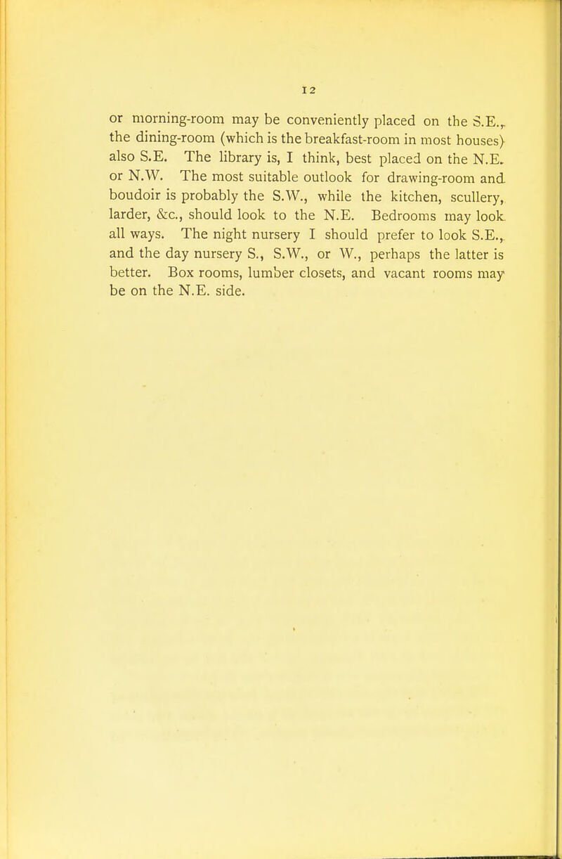 or morning-room may be conveniently placed on the S.E.^ the dining-room (which is the breakfast-room in most houses) also S.E. The library is, I think, best placed on the N.E. or N.W. The most suitable outlook for drawing-room and boudoir is probably the S.W., while the kitchen, scullery, larder, &c., should look to the N.E. Bedrooms may look, all ways. The night nursery I should prefer to look S.E.^. and the day nursery S., S.W., or W., perhaps the latter is better. Box rooms, lumber closets, and vacant rooms may be on the N.E. side.