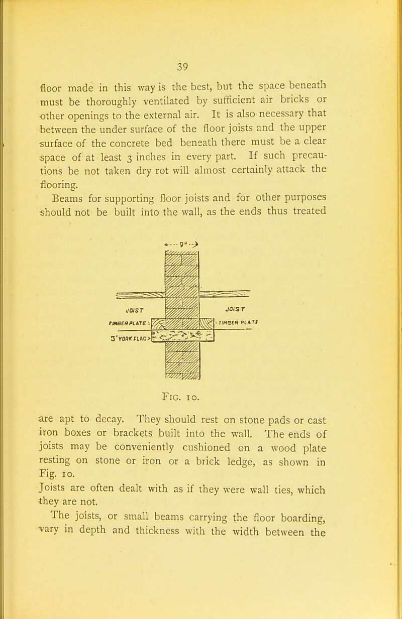 floor made in this way is the best, but the space beneath must be thoroughly ventilated by sufficient air bricks or other openings to the external air. It is also necessary that between the under surface of the floor joists and the upper surface of the concrete bed beneath there must be a clear space of at least 3 inches in every part. If such precau- tions be not taken dry rot will almost certainly attack the flooring. Beams for supporting floor joists and for other purposes should not be built into the wall, as the ends thus treated *--g-> Fig. 10. are apt to decay. They should rest on stone pads or cast iron boxes or brackets built into the wall. The ends of joists may be conveniently cushioned on a wood plate resting on stone or iron or a brick ledge, as shown in Fig. 10. Joists are often dealt with as if they were wall ties, which they are not. The joists, or small beams carrying the floor boarding, vary in depth and thickness with the width between the