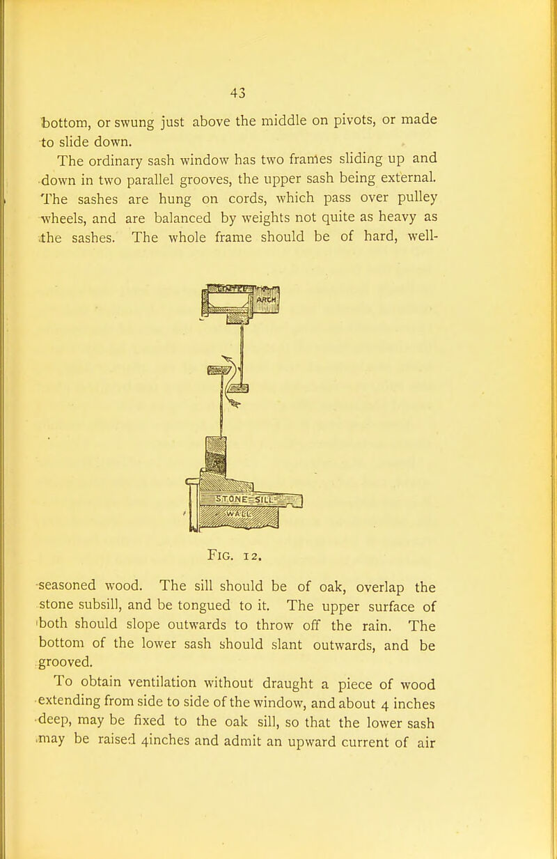 bottom, or swung just above the middle on pivots, or made to slide down. The ordinary sash window has two frames sliding up and down in two parallel grooves, the upper sash being external. The sashes are hung on cords, which pass over pulley wheels, and are balanced by weights not quite as heavy as .the sashes. The whole frame should be of hard, well- -seasoned wood. The sill should be of oak, overlap the stone subsill, and be tongued to it. The upper surface of 'both should slope outwards to throw off the rain. The bottom of the lower sash should slant outwards, and be grooved. To obtain ventilation without draught a piece of wood extending from side to side of the window, and about 4 inches ■deep, may be fixed to the oak sill, so that the lower sash .may be raised 4inches and admit an upward current of air Fig. 12.
