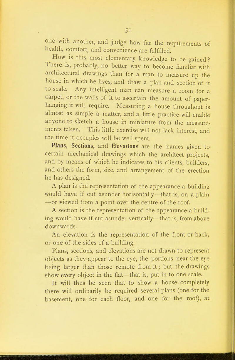 5° one with another, and judge how far the requirements of health, comfort, and convenience are fulfilled. How is this most elementary knowledge to be gained? There is, probably, no better way to become familiar with architectural drawings than for a man to measure up the house in which he lives, and draw a plan and section of it to scale. Any intelligent man can measure a room for a carpet, or the walls of it to ascertain the amount of paper- hanging it will require. Measuring a house throughout is almost as simple a matter, and a little practice will enable anyone to sketch a house in miniature from the measure- ments taken. This little exercise will not lack interest, and the time it occupies will be well spent. Plans, Sections, and Elevations are the names given to certain mechanical drawings which the architect projects, and by means of which he indicates to his clients, builders, and others the form, size, and arrangement of the erection he has designed. A plan is the representation of the appearance a building would have if cut asunder horizontally—that is, on a plain —or viewed from a point over the centre of the roof. A section is the representation of the appearance a build- ing would have if cut asunder vertically—that is, from above downwards. An elevation is the representation of the front or back, or one of the sides of a building. Plans, sections, and elevations are not drawn to represent objects as they appear to the eye, the portions near the eye being larger than those remote from it; but the drawings show every object in the flat—that is, put in to one scale. It will thus be seen that to show a house completely there will ordinarily be required several plans (one for the basement, one for each floor, and one for the roof), at