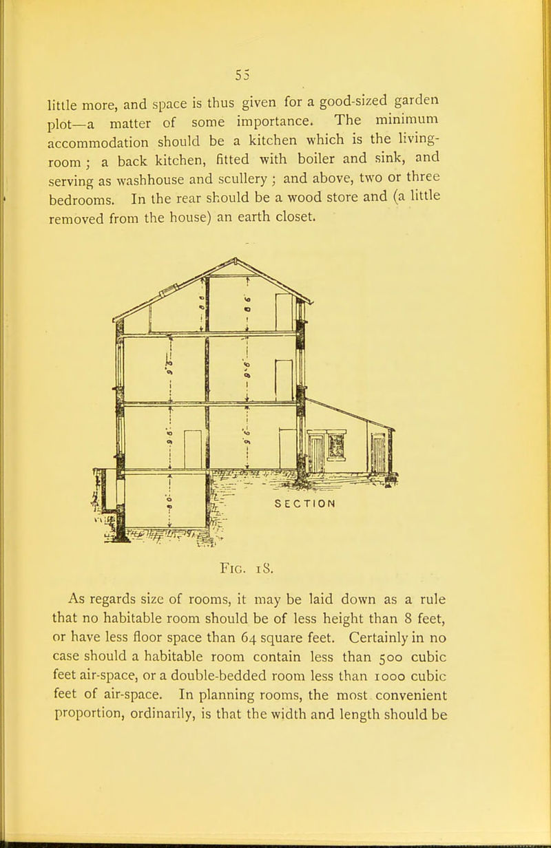 little more, and space is thus given for a good-sized garden plot—a matter of some importance. The minimum accommodation should be a kitchen which is the living- room ; a back kitchen, fitted with boiler and sink, and serving as washhouse and scullery ; and above, two or three bedrooms. In the rear should be a wood store and (a little removed from the house) an earth closet. Fig. i8. As regards size of rooms, it may be laid down as a rule that no habitable room should be of less height than 8 feet, or have less floor space than 64 square feet. Certainly in no case should a habitable room contain less than 500 cubic feet air-space, or a double-bedded room less than 1000 cubic feet of air-space. In planning rooms, the most convenient proportion, ordinarily, is that the width and length should be