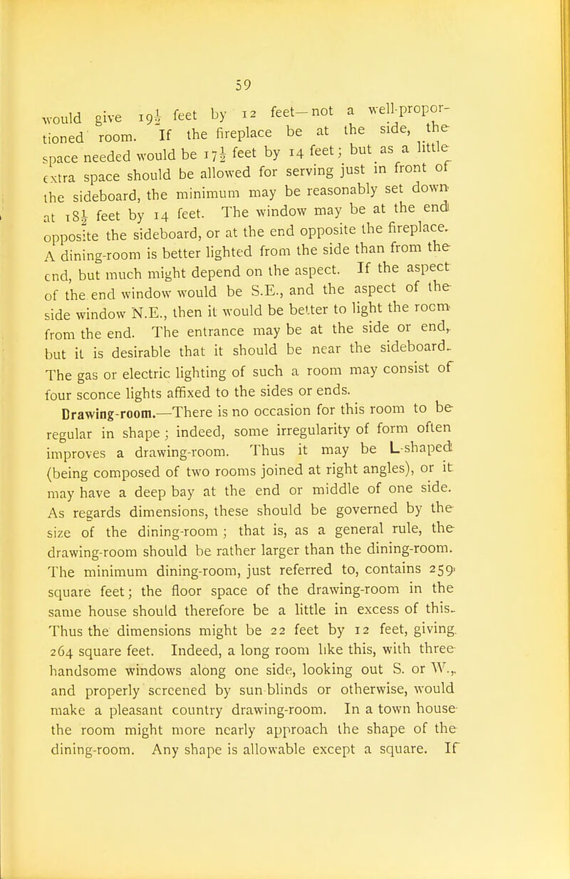 .vould give 19^ <^et by 12 feet-not a wellpropor- tioned room. If the fireplace be at the side, the space needed would be lyl feet by 14 feet; but as a little^ extra space should be allowed for serving just in front of the sideboard, the minimum may be reasonably set down at i8|- feet by 14 feet. The window may be at the end opposite the sideboard, or at the end opposite the fireplace. A dining-room is better lighted from the side than from the end, but much might depend on the aspect. If the aspect of the end window would be S.E., and the aspect of the side window N.E., then it would be better to light the rocm^ from the end. The entrance may be at the side or end, but it is desirable that it should be near the sideboard. The gas or electric lighting of such a room may consist of four sconce lights affixed to the sides or ends. Drawing-room—There is no occasion for this room to be regular in shape ; indeed, some irregularity of form often improves a drawing-room. Thus it may be L shaped (being composed of two rooms joined at right angles), or it may have a deep bay at the end or middle of one side. As regards dimensions, these should be governed by the size of the dining-room ; that is, as a general rule, the drawing-room should be rather larger than the dining-room. The minimum dining-room, just referred to, contains 259. square feet; the floor space of the drawing-room in the same house should therefore be a Httle in excess of this. Thus the dimensions might be 22 feet by 12 feet, giving. 264 square feet. Indeed, a long room like this, wiih three handsome windows along one side, looking out S. or W.,. and properly screened by sun-blinds or otherwise, would make a pleasant country drawing-room. In a town house the room might more nearly approach the shape of the dining-room. Any shape is allowable except a square. If