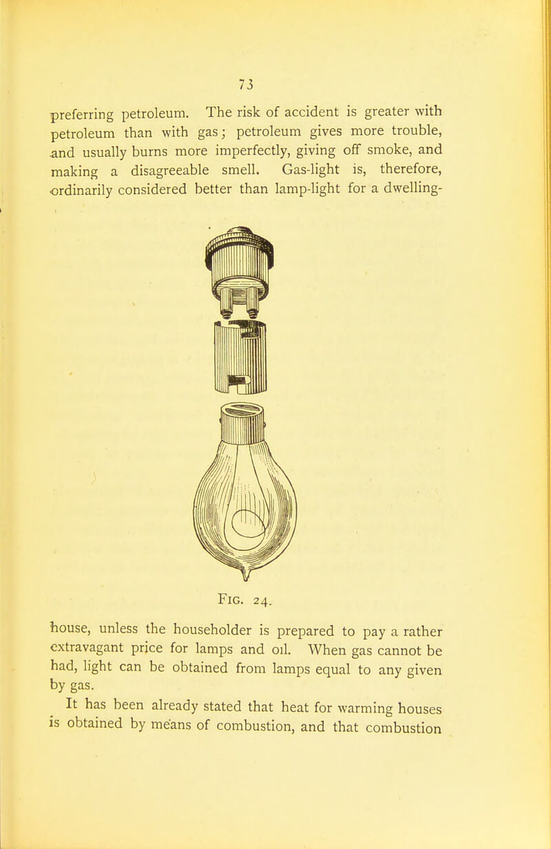 preferring petroleum. The risk of accident is greater with petroleum than with gas; petroleum gives more trouble, and usually burns more imperfectly, giving off smoke, and making a disagreeable smell. Gas-light is, therefore, ordinarily considered better than lamp-light for a dwelling- FiG. 24. house, unless the householder is prepared to pay a rather extravagant price for lamps and oil. When gas cannot be had, light can be obtained from lamps equal to any given by gas. It has been already stated that heat for warming houses is obtained by means of combustion, and that combustion