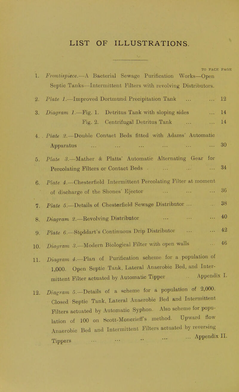 LIST OF ILLUSTRATIONS. V. TO PACK PAOK 1. Frontispiece.-—A Bacterial Sewage Purification Works—Open Septic Tanks—Intermittent Filters with revolving Distributors. 2. Plate 1.—Improved Dortmund Precipitation Tank ... ... 12 3. Diagram 1.—Fig. 1. Detritus Tank with sloping sides ... 14 Fig. 2. Centrifugal Detritus Tank ... ... 14 4. . Plate 2. — Double Contact Beds fitted with Adams' Automatic Apparatus ... ... ... ... ••• ... 30 5. Plate 3.—Mather & Platts' Automatic Alternating Gear for Percolating Filters or Contact Beds ■ ... ... ... 34 6. Plate 4.—Chesterfield Intermittent Percolating Filter at moment of discharge of the Shones' Ejector ... ... ... 36 7. Plated.—Details of Chesterfield Sewage Distributor ... 38 8. Diagram S.—Eevolving Distributor ... ••■ ... 40 9. Ptoie 6.—StQddart's Continuous Drip Distributor ... ... 42 10. Diaijram Modern Biological Filter with open walls .. 46 11. Diagram Plan of Purification scheme for a population of 1,000. Open Septic Tank, Lateral Anaerobic Bed, and Inter- mittent Filter actuated by Automatic Tipper .. Appendix I. 12. Dia-ram .^.-Details of a scheme for a population of 2,000. Closed Septic Tank, Lateral Anaerobic Bed and Intermittent Filters actuated by Automatic Syphon. Also scheme for popu- lation of 100 on Scott-MoncrietT's method. Upward flow Anaerobic Bed and Intermittent Filters actuated by reversing ... Appendix II. Tippers