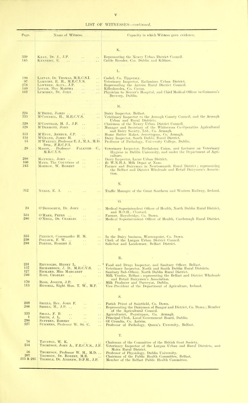 LIST OF WITNESSES—coHfm HP J, 339 145 198 97 278 149 163 224 335 320 328 353 154 15 28 298 160 243 312 24 354 286 355 258 288 231 157 127 246 170 113 269 266 333 1 296 227 76 254 56 207 213 & 295 Kean, Dr. J., Kennedy, E. J. P. Laffan, Dr. Thomas. M.R.C.S.I. Lambert, R. H.. M.R.C.V.S. Lawtheb. Alex.. J.P. Lough, Miss Martha Lumsdbn, Dr. John M'Bridb, .James .. M'CONNELL, H., M.R.C.V.S. Ciipaoily in which Witness gave evidence. m'conville, h. .j., M'Dermott, John J.P. M'EvoY, Arthur, J.P. M'Grane, James H. M'Weeney, Professor E. J., M.A., M.D. Dph., F.R.C.P.L Mason, ■ Professo'' Falkner C, M.R.C.V.S. Maxwell. John .. Mayo, The Countess of .. Morrow. W. Robert Neale, E. a. O'Donoghue, Di-. John O'Harb, Peter .. O'Neill, Dr. Charles Perfect, Commander H. M. Pollock, F. W. .. Porter, Robert J. Reynolds, Henry L. Richardson, J. D., M.R.C.V.S. Rickabd, Miss Margaret Ross, Charles Ross, Joseph, J.P. Russell, Right Hon. T. W., M.P. Shiels, Rev. John F. Shiels, M., .LP. .. Small, F. B. Smith, J. L. Suffern, Robert Symmers, Professor W. St. C. Taunton, W. K. Thompson, John A., F.R.C.V.S., .J.P. Thompson, Professor W. H., M.D. .. Thomson, Dr. Robert, M.B. Trimble, Dr. Andrew, D.P.H., J.P. K. Representing the Newry Urban District Council. Cattle Breeder, Cos. Dublin and Kildare. L. Cashel, Co. Tipperaiy. Veterinary Inspector, Rathmines Urban District. Representing the Antrim Rural District Council. Killeshandra, Co. Cavan. Physician to Mercer's Hospital, and Chief Medical Officer to Guinness's Brewery, Dubhn. M. Dairy Inspector, Belfast. Veterinary Inspector to the Armagh County Council, and the Armagh Urban and Rural Districts. Chairman of the Newry Urban District Council. Manager and Secretary of the Whitecross Co-Operative Agricultural and Dairy Society. Ltd., Co. Armagh. Home Butter Maker, Jerrettspass, Co. Armagh. Dair3' Inspector, South Dublin Rural District. Professor of Pathology, University College, Dublin. Veterinai^y Inspector, Rathdown Union, and Lecturer on Veterinary Hygiene in Dublin University, and under the Department of Agri- culture. Dairy Insjiector, Larnc Urban District. Be W.N.H.A. Milk Depot at Naas. Farmer and Dairyman in Newtownards Rural District : representing the Belfast and District Wholesale and Retail Dairymen's Associa- tion. N. Traffic Manager of the Great Southern and Western Railway, Ireland. 0. Medical Superintendent Officer of Health, North Dublin Rural District, and M.O.H.. Clontarf. Farmer. Mayobridge, Co. Down. Medical S\iperintendent Officer of Health, Castlereagh Rural District. In the Dairy business, Warrenpoint. Co. Down. Clerk of the Lurgan Urban District Council. Solicitor and Landowner. Belfast District. R. Food and Drugs Inspector, and Sanitary Officer, Belfast. Veterinary Inspector, North and South iOublin Rural Districts. Sanitary Sub-Otticer, North Dublin Rural District. Milk Vendor. Belfast; representing the Belfast and District Wholesale and Retail Dairymen's Association. Milk Producer and Purvej'or, Dublin. Vice-President of the Department of Agriculture, Ireland. S. Parish Priest of Saintfield, Co. Down. Representing the Dairymen of Bangor and District, Co. Down ; Member of the Agricultural Council. Agriculturist, Poyntzpass, Co. Armagh. Principal Clerk. Local Government Board, Dublm. Of Crumlin, Co. Antrim. Professor of Pathology, Queen's Unversity, Belfast. Chairman of the Committee of the British Goat Society. Veterinary Inspector of the Lurgan Urban and Rural Districts, and Moira Rural District. Professor of Physiology. Dublin University. Chairman of the Public Health Committee, Belfast. Member of the Belfast Public Health Committee.
