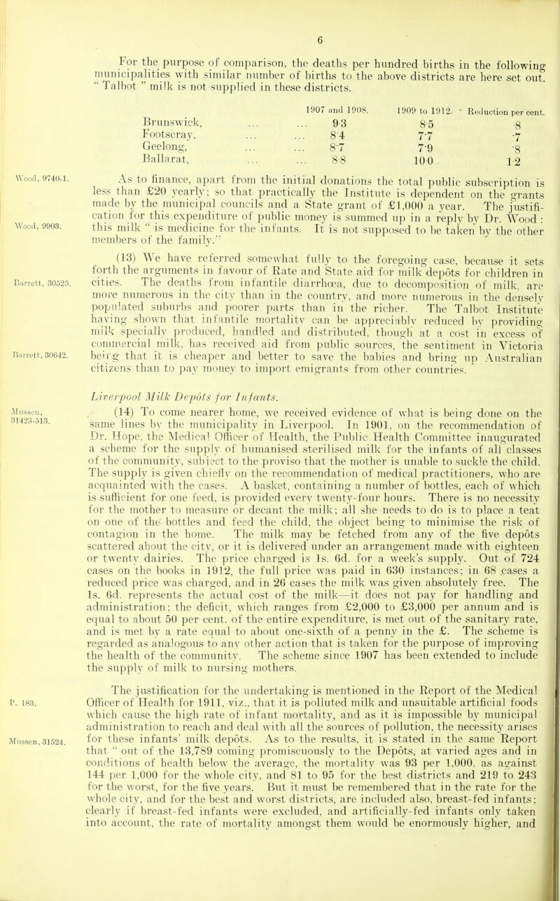 Wood, 9740-1. Wood, 9903. Barrett, 30525. Barrett, 30642. For the purpose of comparison, the deaths per hundred births in the following municipalities with similar number of births to the above districts are here set out.  Talbot  milk is not supplied in these districts. Brunswick, Footscray, Geelong, Ballarat, 1907 and 1908. 93 8-4 8-7 8-8 1909 to 1912. 8-5 7-7 7-9 10 0 . Reduction per cent. •8 •7 •8 12 As to finance, apart from the initial donations the total public subscription is less than £20 yearly; so that practically the Institute is dependent on the grants made by the municipal councils and a State grant of £1,000 a year. The justifi- cation for this expenditure of public money is summed up in a reply by Dr. Wood : this milk  is medicine for the infants. It is not supposed to be taken by the other members of the family. (13) We have referred somewhat fully to the foregoing case, because it sets forth the arguments in favour of Rate and State aid for milk depots for children in cities. The deaths from infantile diarrhoea, due to decomposition of milk, are moi-e numerous in the city than in the country, and more numerous in the densely populated suburbs and poorer parts than in the richer. The Talbot Institute having shown that infantile mortality can be appreciably reduced by providing milk specially produced, handled and distributed, though at a cost in excess of conimercial milk, has received aid from public sources, the sentiment in Victoria beiT-g that it is cheaper and better to save the babies and bring up Australian citizens than to pay money to import emigrants from other countries. Liverpool Milk Depots fo?' In fants. Mussen, ^ (14) To come nearer home, we received evidence of what is being done on the 3142.S-513 same lines by the municipality in Liverpool. In 1901, on the recommendation of Dr. Hope, the Medical Officer of Health, the Public Health Committee inaugurated a scheme for the supply of humanised sterilised milk for the infants of all classes of the community, subiect to the proviso that the mother is unable to suckle the child. The supply is given chiefly on the recommendation of medical practitioners, who are acquainted with the cases. A basket, containing a number of bottles, each of which is sufficient for one feed, is provided every twenty-four hours. There is no necessity for the mother to measure or decant the milk; all she needs to do is to place a teat on one of the bottles and feed the child, the object being to minimise the risk of contagion in the home. The milk may be fetched from any of the five depots scattered about the city, or it is delivered under an arrangement made with eighteen or twenty dairies. The price charged is Is. 6d. for a week's supply. Out of 724 cases on the books in 1912, the full price was paid in 630 instances; in 68 .cases a reduced price was charged, and in 26 cases the milk was given absolutely free. The Is. 6d. represents the actual cost of the milk—it does not pay for handling and administration; the deficit, which ranges from £2,000 to £3,000 per annum and is equal to about 50 per cent, of the entire expenditure, is met out of the sanitary rate, and is met by a rate equal to about one-sixth of a penny in the £. The scheme is regarded as analogous to any other action that is taken for the purpose of improving the health of the community. The scheme since 1907 has been extended to include the supply of milk to nursing mothers. The justification for the undertaking is mentioned in the Report of the Medical Officer of Health for 1911, viz., that it is polluted milk and unsuitable artificial foods which cause the high rate of infant mortality, and as it is impossible by municipal administration to reach and deal with all the sources of pollution, the necessity arises for these infants' milk depots. As to the results, it is stated in the same Report that  out of the 13,789 coming promiscuously to the Depots, at varied ages and in conditions of health below the average, the mortality was 93 per 1,000. as against 144 per 1,000 for the whole city, and 81 to 95 for the best districts and 219 to 243 for the worst, for the five years. But it must be remembered that in the rate for the whole city, and for the best and worst districts, are included also, breast-fed infants; clearly if breast-fed infants were excluded, and artificially-fed infants only taken into account, the rate of mortality amongst them would be enormously higher, and P, 183. Mussen, 31524.