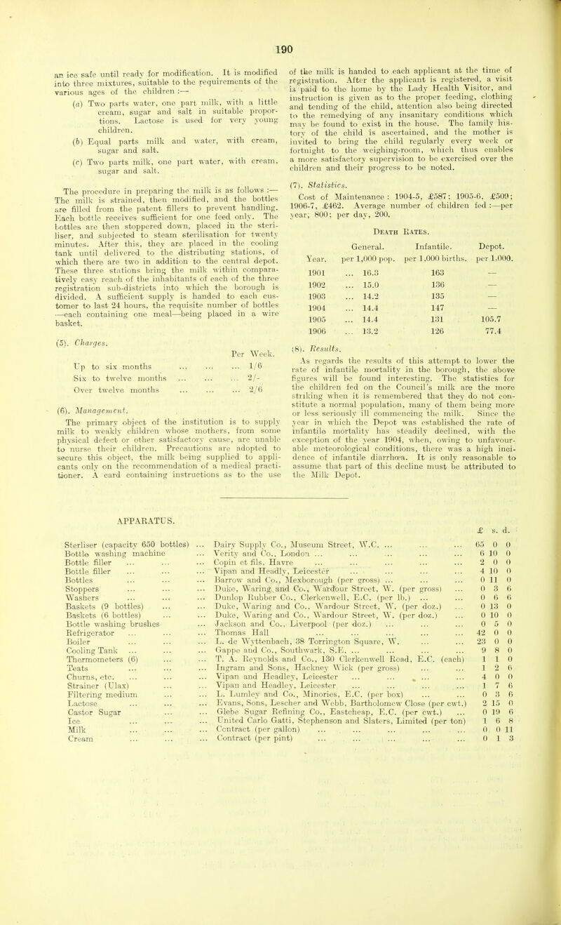 an ice safe until ready for modification. It is modified into three mixtures, suitable to the requirements of the various ages of the children :— (a) Two parts water, one part milk, with a little cream, sugar and salt in suitable propor- tions. Lactose is used for very young children. (b) Equal parts milk and water, with cream, sugar and salt. (c) Two parts milk, one part water, with cream. sugar and salt. The procedure in preparing the milk is as follows :— The milk is strained, then modified, and the bottles are filled from the patent fillers to prevent handling. Each bottle receives sufficient for one feed only. The bottles are then stoppered down, placed in the steri- liser, and subjected to steam sterilisation for twenty minutes. After this, they are placed in the cooling tank until delivered to the distributing stations, of which there are two in addition to the central depot. These three stations bring the milk within compara- tively easy reach of the inhabitants of each of tlie three registration sub-districts into which the borough is divided. A sufficient supply is handed to each cus- tomer to last 24 hours, the requisite number of bottles —each containing one meal—being placed in a wire basket. (5) . Charges. Per Week. Up to six months ... ... ... 1/6 Six to twelve months ... ... ... 2/- Over twelve months ... ... ... 2/6 (6) . Management. The primary object of the institution is to supply milk to weakly children whose mothers, from some physical defect or other satisfactory cause, are unable to nurse their children. Precautions are adopted to secure this object, the milk being supplied to appli- cants only on the recommendation of a medical practi- tioner. A card containing instructions as to the use of the milk is handed to each applicant at the time of registration. After the appUcaut is registered, a visit is paid to the home by the Lady Health Visitor, and instruction is given as to the proper feeding, clothing and tending of the child, attention also being directed to the remedying of any insanitary conditions which may be found to exist in the house. The family his- tory of the child is ascertained, and the mother is invited to bring the child regularly every week or fortnight to the weighing-room, which thus enables a more satisfactory supervision to be exercised over the children and their progress to be noted. (7). Statistics. Cost of Maintenance: 1904-5. £587: 1905-6, £509; 1906-7, £462. Average number of children fed :—per year, 800: per day, 200. Death H.4.tes. General. Infantile. Depot. Year. per 1,000 pop. per 1,000 births, per 1,000. 1901 ... 16.3 163 — 1902 ... 15.0 136 — 1903 ... 14.2 135 — 1904 ... 14.4 147 — 1905 ... 14.4 131 105.7 1906 ... 13.2 126 77.4 (8). EesuUs. As regards the results of this attempt to lower the rate of infantile mortality in the borough, the above figures will be found interesting. The statistics for the children fed on the Council's milk are the more striking when it is remembered that they do not con- stitute a normal population, many of them being more or less seriously ill commencing the milk. Since the year in which the Depot was established the rate of infantile mortality has steadily declined, with the exception of the year 1904, when, owing to unfavour- able meteorological conditions, there was a high inci- dence of infantile diarrhoea. It is only reasonable to assume that part of this decline must be attributed to the Milk Depot. APPARATUS. Sterliser (capacity 650 bottles) Bottle washing machine Bottle filler Bottle filler Bottles Stoppers Washers Baskets (9 bottles) Baskets (6 bottles) Bottle washing brushes Refrigerator Boiler Cooling Tank Thermometers (6) Teats Churns, etc. Strainer (Ulax) Filtering medium Lactose Castor Sugar Ice Milk Cream Dairy Supply Co., Museum Street, W.C. ... Verity and Co.. London ... Gopiu et fils. Havre Vipan and Headly, Leicester Barrow and Co., Mexborough (per gross) ... Duke, Wearing,and Co^, Wardbur Street, W. (per gross) Dunlop Rubber Co., Clerkenwell, E.C. (per lb.) Duke, Waring and Co., Wardour Street, W. (per doz.) Duke, Waring and Co., Wardour Street, W. (per doz.) •Jackson and Co.. Liverpool ■ (per doz.) Thomas Hall L. de Wyttenbach, 38 Torrington Square, W. Gappe and Co., Southwark, S.E. ... T. A. Reynolds and Co., 130 Clerkenwell Road, E.C. (each) Ingram and Sons, Hackney Wick (per gross) Vipan and Headley, Leicester ... ... ^ ... Vipan and Headley, Leicester ... ... ... ... L. Lumley and Co., Minories, E.C. (per box) Evans, Sons, Lescher and Webb, Bartholomew Close (per cwt.) Glebe Sugar Refining Co., Eastcheap, E.C. (per cwt.) United Carlo Gatti, Stephenson and Slaters, Limited (per ton) Contract (per gallon) ... ... ... ... ... Contract (per pint) ... ... £ s. d. 65 0 0 6 10 0 2 0 0 4 10 0 0 11 0 0 3 6 0 6 6 0 13 0 0 10 0 0 5 0 42 0 0 23 0 0 9 8 0 1 1 0 1 2 6 4 0 0 1 7 6 0 3 6 2 15 0 0 19 6 1 6 8 0 0 11 0 1 3