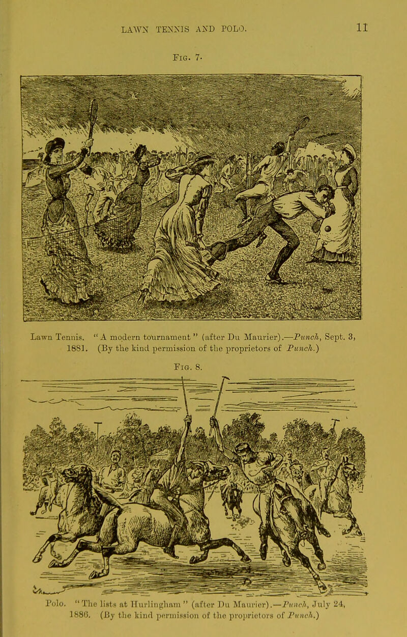 LAWN TENNIS AND POLO. Fig. 7- Lawn Tennis. A modern tournament  (after Du Maurier).—Punch, Sept. 3, 188]. (By the kind permission of the proprietors of Punch.) Fig. 8. Polo. The lists at irui-linglmm  (after Dii Utim-wr) .—Punch, July 24, 1880. (By the kind jx'rniission of the projjrietors o( Punch.)