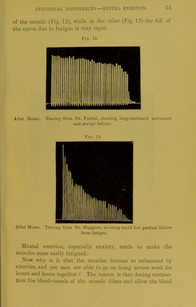 IXDIVIDUAL DIFFEREN'CES—MENTAL EXERTION-. of the muscle (Fig. 12), while in the other (Fig. 13) the fall of the curve due to fatigue is very rapid. Fig. 12. After Mo330. Tracing from Dr. Patrizi, showing long-continued movement and abrupt failure. Fig. 13. After Mosso. Tracing from Dr. Maggiora, showing rapid but gradual failure from fatigue. Mental exertion, especially anxiety, tends to nial<e the muscles more easily fatigued. Now why is it that the muscles become so exhausted by exercise, and yet men are able to go on doing severe work for hours and hours together ? The reason is that during contrac- tion the blood-vessels of the muscle dilate and allow the blood