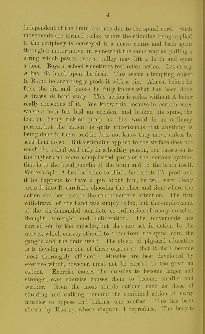 independent of the brain, and are due to the spinal cord. Sucli movements are termed reflex, where the stimulus being applied to the peripliery is conveyed to a nerve centre and back again through a motor nerve, in somewhat the same way as pulling a string which passes over a pulley may lift a latch and open a door. Boys at school sometimes test reflex action. Let us say A has his hand upon the desk. This seems a tempting object to B and he accordingly prods it with a pin. Almost before he feels the pin and before he fully knows what has been done A draws his hand away. This action is reflex without A being really conscious of it. We know this because in certain cases where a man has had an accident and broken his spine, the feet, on being tickled, jump as they would in an ordinary person, but the patient is quite unconscious that anything is being done to them, and he does not know they move unless he sees them do so. But a stimulus applied to the surface does not reach the spinal cord only in a healthy person, but passes on to the higher and more complicated parts of the nervous system, that is to the ba,sal ganglia of the brain and to the brain itself. For example, A has had time to think, he resents B's prod, and if he happens to have a pin about him, he will very likely press it into B, carefully choosing the place and time where the action can best escape the schoolmaster's attention. The first withdrawal of the hand was simply reflex, but the employment of the pin demanded complete co-ordination of many muscles, thought, foresight and deliberation. The movements are carried on by the muscles, but they are set in action by the nerves, which convey stimuli to them from the spinal cord, the ganglia and the brain itself. The object of physical education is to develop each one of these organs so that it shall become most thoroughly efficient. Muscles are best developed by exercise which, however, must not be carried to too great an extent. Exercise causes the muscles to become larger and stronser, over exercise causes them to become smaller and weaker. Even the most simple actions, such as those of standing and walking, demand the combined action of many muscles to oppose and balance one another. This has been shown by Huxley, whose diagram I reproduce. The body is