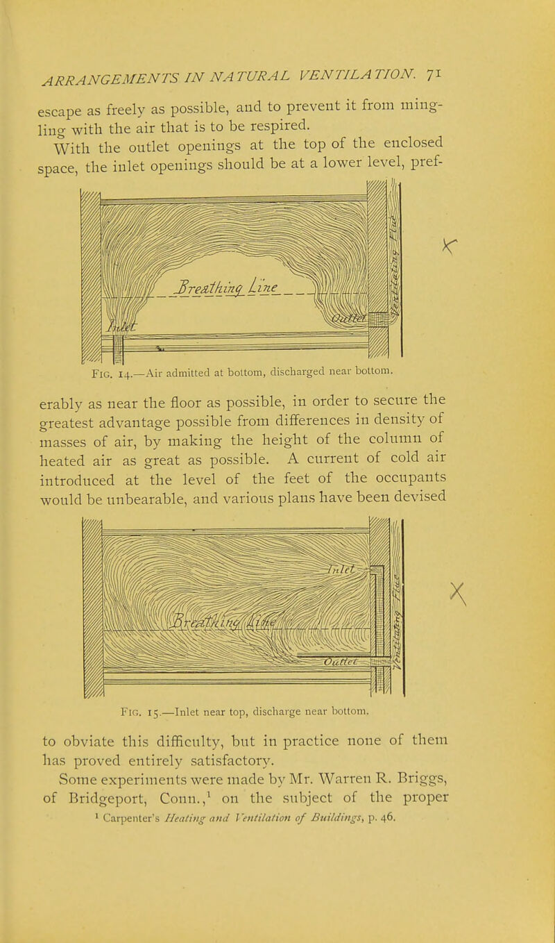 escape as freely as possible, and to prevent it from ming- ling with the air that is to be respired. With the outlet openings at the top of the enclosed space, the inlet openings should be at a lower level, pref- Fig. 14.—Air admitted at bottom, discharged near bottom. erably as near the floor as possible, in order to secure the greatest advantage possible from differences in density of masses of air, by making the height of the column of heated air as great as possible. A current of cold air introduced at the level of the feet of the occupants would be unbearable, and various plans have been devised Fin. 15.—Inlet near top, discharge near bottom. to obviate this difficulty, but in practice none of them has proved entirely satisfactory. Some experiments were made by Mr. Warren R. Briggs, of Bridgeport, Conn.,^ on the subject of the proper