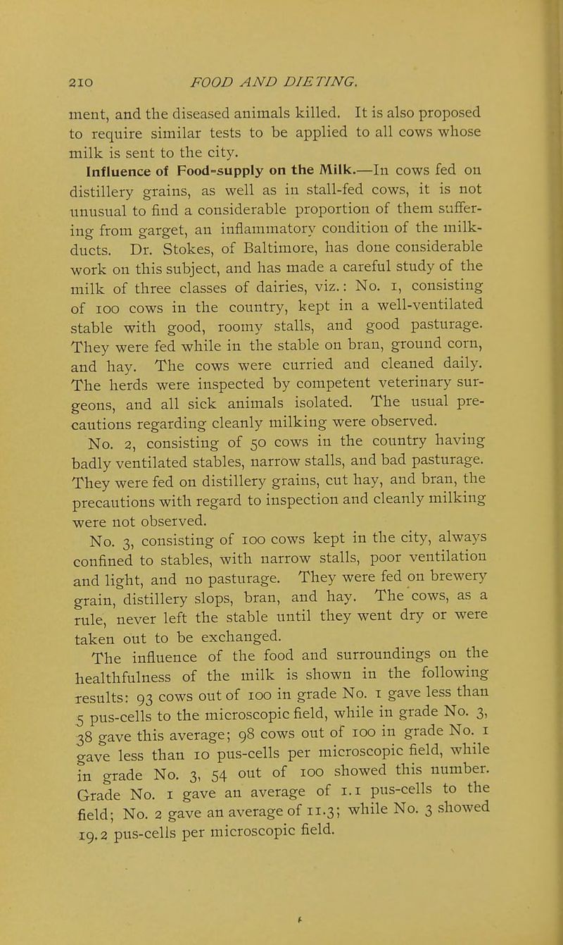 ment, and the diseased animals killed. It is also proposed to require similar tests to be applied to all cows whose milk is sent to the city. Influence of Food-supply on the Milk.—In cows fed on distillery grains, as well as in stall-fed cows, it is not unusual to find a considerable proportion of them suffer- ing from garget, an inflammatory condition of the milk- ducts. Dr. Stokes, of Baltimore, has done considerable work on this subject, and has made a careful study of the milk of three classes of dairies, viz.: No. i, consisting of lOO cows in the country, kept in a well-ventilated stable with good, roomy stalls, and good pasturage. They were fed while in the stable on bran, ground corn, and hay. The cows were curried and cleaned daily. The herds were inspected by competent veterinary sur- geons, and all sick animals isolated. The usual pre- cautions regarding cleanly milking were observed. No. 2, consisting of 50 cows in the country having badly ventilated stables, narrow stalls, and bad pasturage. They were fed on distillery grains, cut hay, and bran, the precautions with regard to inspection and cleanly milking were not observed. No. 3, consisting of 100 cows kept in the city, always confined to stables, with narrow stalls, poor ventilation and light, and no pasturage. They were fed on brewery grain, distillery slops, bran, and hay. The cows, as a rule, never left the stable until they went dry or were taken out to be exchanged. The influence of the food and surroundings on the healthfulness of the milk is shown in the following results: 93 cows out of 100 in grade No. i gave less than 5 pus-cells to the microscopic field, while in grade No. 3, 38 gave this average; 98 cows out of 100 in grade No.^ i gave less than 10 pus-cells per microscopic field, while in grade No. 3, 54 out of 100 showed this number. Grade No. i gave an average of i.i pus-cells to the field; No. 2 gave an average of 11.3; while No. 3 showed 19.2 pus-cells per microscopic field.