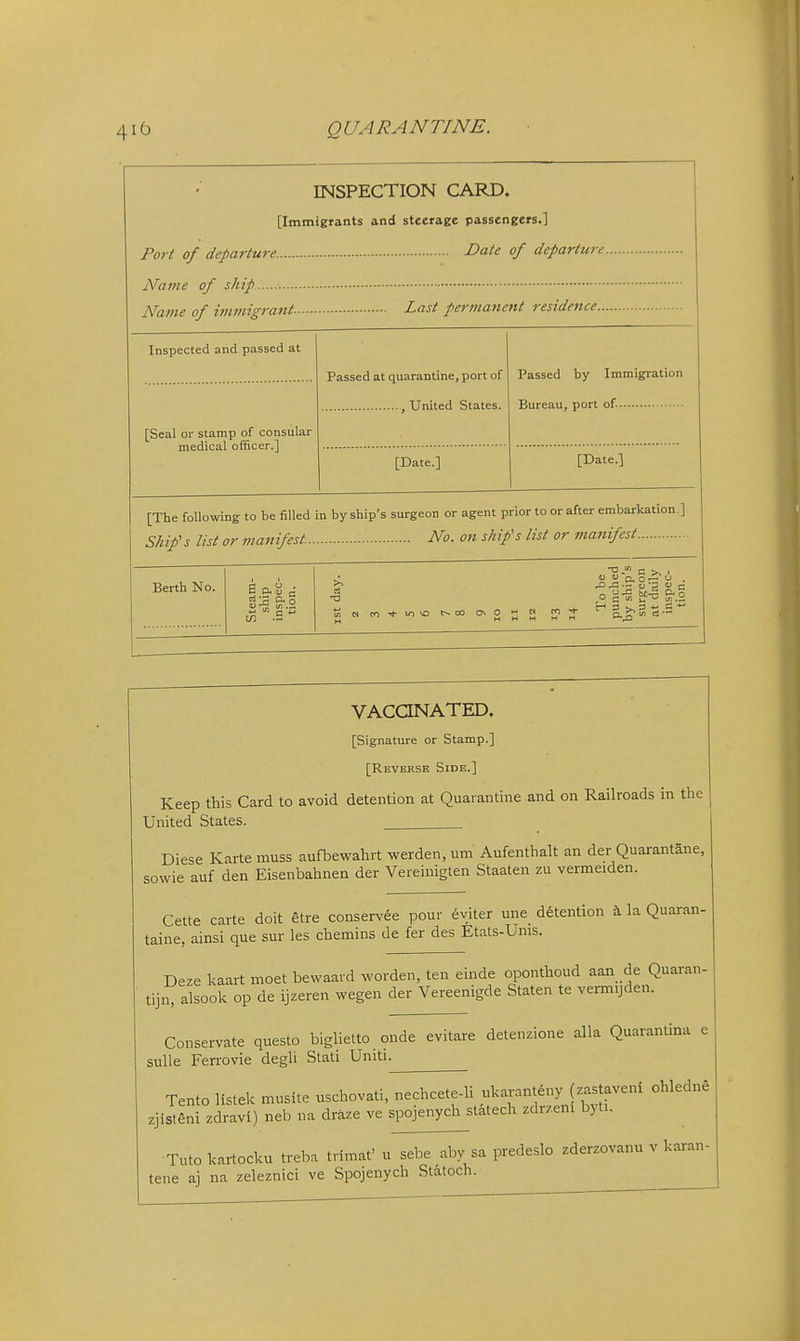 INSPECTION CARD. [Immigrants and steerage passengers.] Fori of departure. Date of departure. Name of ship Name of iimnigrant Last permanent residence.... Inspected and passed at [Seal or stamp of consular medical ofEcer.] Passed at quarantine, port of , United States. [Date.] Passed by Immigrration Bureau, port of- [Date.] [The following to be filled in by ship's surgeon or agent prior to or after embarkation ] Ship's list or manifest vVo. on shifs list or ma7tifest Berth No. 0 ex oj c m .S ci •a (n w tr, ..t- \r\ yo t^co O\0 o W-§ g-.o VACCINATED. [Signature or Stamp.] [Reverse Side.] Keep this Card to avoid detention at Quarantine and on Railroads in the United States. Diese Karte muss aufbewahrt werden, urn Aufenthalt an der Quarantane, sowie auf den Eisenbahnen der Vereinigten Staaten zu vermeiden. Cette carte doit etre conservee pour 6viter une detention h. la Quaran- taine, ainsi que sur les chemins de fer des Etats-Ums. Deze kaart moet bewaard worden, ten einde oponthoud aan de Quaran- tijn, alsook op de ijzeren wegen der Vereenigde Staten te verm.jden. Conservate questo biglietto onde evitare detenzione alia Quarantina e suUe Ferrovie degli Stati Uniti. Tento Hstek musite uschovati, nechcete-li .f--f ^j^;^,;^^^^ zjistSni zdravi) neb na draze ve spojenych statech zdrzeni byti. ■Tuto kartocku treba trimat' u sebe aby sa predeslo zderzovanu v karan- tene aj na zeleznici ve Spojenych Statoch.