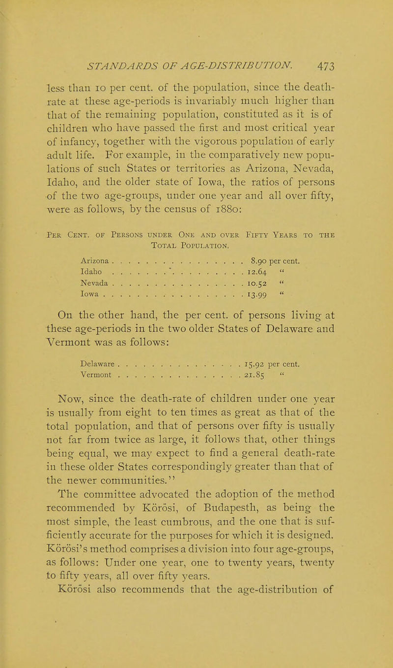 less than lo per cent, of the population, since the death- rate at these age-periods is invariably much higher than that of the remaining population, constituted as it is of children who have passed the first and most critical year of infancy, together with the vigorous population of early adult life. For example, in the comparatively new popu- lations of such States or territories as Arizona, Nevada, Idaho, and the older state of Iowa, the ratios of persons of the two age-groups, under one year and all over fifty, were as follows, by the census of 1880: Per Cent, of Persons under One and over Fifty Years to the Total Population. Arizona 8.90 per cent. Idaho 12.64 Nevada 10.52 Iowa 13-99 On the other hand, the per cent, of persons living at these age-periods in the two older States of Delaware and Vermont was as follows: Delaware 15-92 per cent. Vermont 21.85 Now, since the death-rate of children under one year is usually from eight to ten times as great as that of the total population, and that of persons over fifty is usually not far from twice as large, it follows that, other things being equal, we may expect to find a general death-rate in these older States correspondingly greater than that of the newer communities. The committee advocated the adoption of the method recommended by Korosi, of Budapesth, as being the most simple, the least cumbrous, and the one that is suf- ficiently accurate for the purposes for which it is designed. Korosi's method comprises a division into four age-groups, as follows: Under one 3'ear, one to twenty years, twenty to fifty years, all over fifty years. Korosi also recommends that the age-distribution of