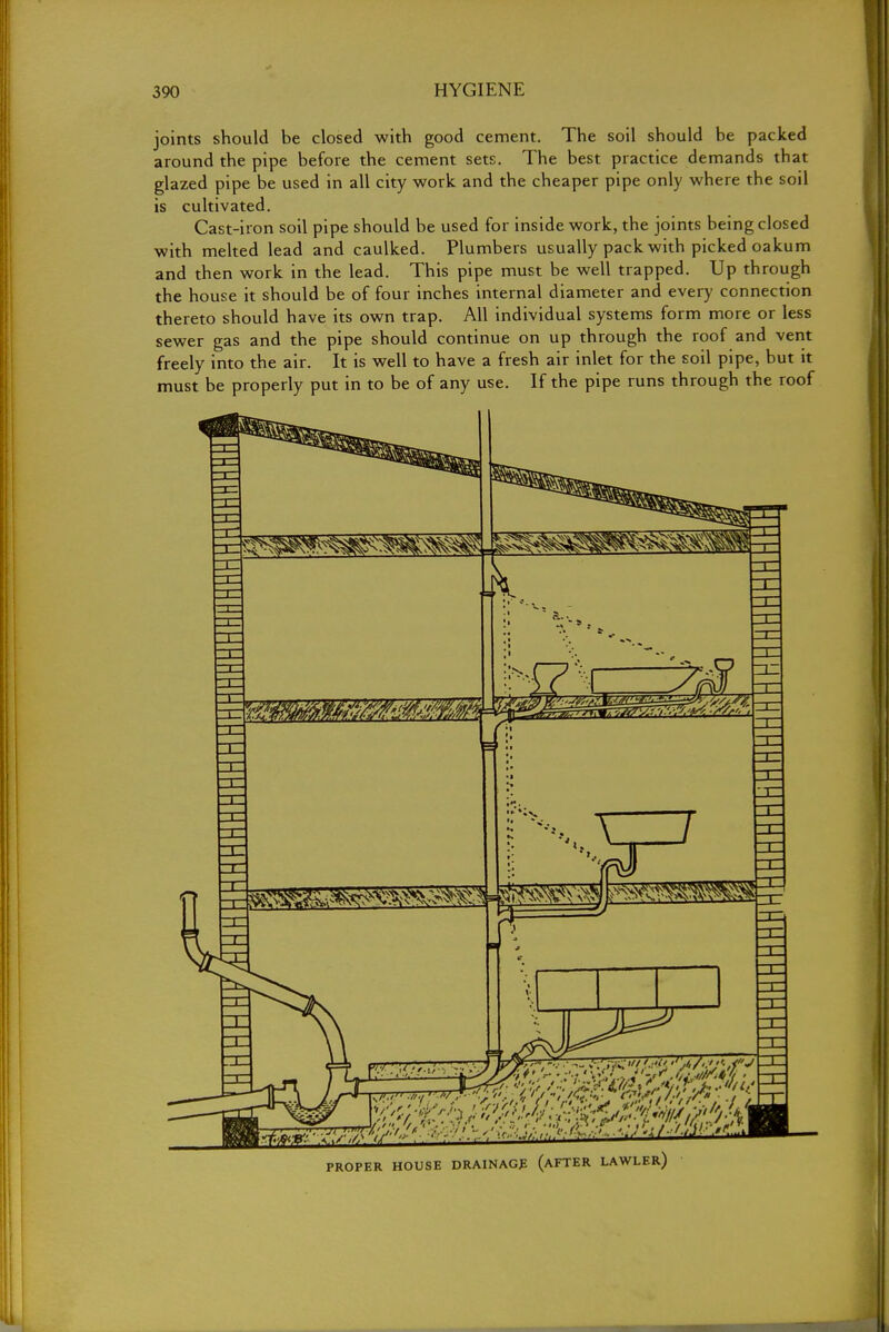 joints should be closed with good cement. The soil should be packed around the pipe before the cement sets. The best practice demands that glazed pipe be used in all city work and the cheaper pipe only where the soil is cultivated. Cast-iron soil pipe should be used for inside work, the joints being closed with melted lead and caulked. Plumbers usually pack with picked oakum and then work in the lead. This pipe must be well trapped. Up through the house it should be of four inches internal diameter and every connection thereto should have its own trap. All individual systems form more or less sewer gas and the pipe should continue on up through the roof and vent freely into the air. It is well to have a fresh air inlet for the soil pipe, but it must be properly put in to be of any use. If the pipe runs through the roof HOUSE DRAINAGE (AFTER LAWLF.r)