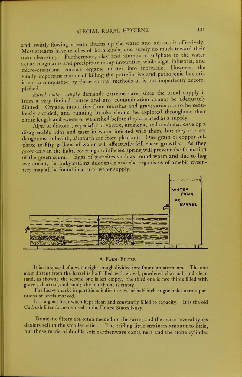 and swiftly flowing stream churns up the water and aerates it eflPectively. Most streams have reaches of both kinds, and surely do much toward their own cleansing. Furthermore, clay and aluminum sulphate in the water act as coagulants and precipitate many impurities, while algae, infusoria, and micro-organisms convert organic matter into inorganic. However, the vitally important matter of killing the putrefactive and pathogenic bacteria is not accomplished by these natural methods or is but imperfectly accom- plished. . Rural water supply demands extreme care, since the usual supply is from a very limited source and any contamination cannot be adequately diluted. Organic impurities from marshes and graveyards are to be sedu- lously avoided, and running brooks should be explored throughout their entire length and extent of watershed before they are used as a supply. Algje or diatoms, especially of volvox, uroglena, and anabena, develop a disagreeable odor and taste in water infected with them, but they are not dangerous to health, although far from pleasant. One grain of copper sul- phate to fifty gallons of water will eflfectually kill these growths. As they grow only in the light, covering an infected spring will prevent the formation of the green scum. Eggs of parasites such as round worm and due to hog excrement, the ankylostoma duodenale and the organisms of amebic dysen- tery may all be found in a rural water supply. TA'fJH ^^^^^^ Oft TT A Farm Filter It is composed of a water-tight trough divided into four compartments. The one most distant from the barrel is half filled with gravel, powdered charcoal, and clean sand, as shown; the second one is left empty; the third one is two thirds filled with gravel, charcoal, and sand; the fourth one is empty. The heavy marks in partitions indicate rows of half-inch augur holes across par- titions at levels marked. k is a good filter when kept clean and constantly filled to capacity. It is the old Cutbush filter formerly used in the United States Navy. Domestic filters are often needed on the farm, and there are several types dealers sell in the smaller cities. The trifling little strainers amount to Httle, but those made of double soft earthenware containers and the stone cylinder