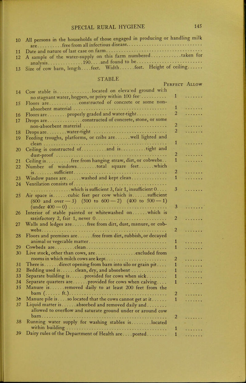 10 All persons in the households of those engaged in producing or handling milk are free from all infectious disease 11 Date and nature of last case on farm • • • 12 A sample of the water-supply on this farm numbered taken for analysis 190 and found to be 13 Size of cow bam, length. .. .feet. Width feet. Height of ceiling STABLE Perfect Allow 14 Cow stable is located on eleva ed ground with nostagnantwater, hogpen, or privy within 100 fee 1 15 Floors are constructed of concrete or some non- absorbent material 1 16 Floors are properly graded and water-tight 2 17 Drops are constructed of concrete, stone, or some non-absorbent material 2 18 Drops are water-tight 2 19 Feeding troughs, platforms, or cribs are well lighted and clean 1 20 Ceiling is constructed of and is tight and dust-proof 2 21 Ceiling is free from hanging straw, dirt, or cobwebs. . 1 22 Number of windows total square feet which is sufficient 2 23 Window panes are washed and kept clean 1 24 Ventilation consists of which is sufficient 3, fair 1, insufficient 0. .. . 3 25 Air space is cubic feet per cow which is sufficient (600 and over — 3) (500 to 600 — 2) (400 to 500— 1) (under 400 — 0) 3 26 Interior of stable painted or whitewashed on which is satisfactory 2, fair 1, never 0 2 27 Walls and ledges are free from dirt, dust, manure, or cob- webs 2 28 Floors and premises are free from dirt, rubbish, or decayed animal or vegetable matter 1 29 Cowbeds are clean 1 30 Live stock, other than cows, are excluded from rooms in which milch cows are kept 2 31 There is direct opening from barn into silo or grain pit... . 1 32 Bedding used is clean, dry, and absorbent 1 33 Separate building is provided for cows when sick 1 34 Separate quarters are provided for cows when calving. .. . 1 35 Manure is removed daily to at least 200 feet from the bam ( ft.) 2 30 Manure pile is.... so located that the cows cannot get at it 1 37 Liquid matter is absorbed and removed daily and allowed to overflow and saturate ground under or around cow bam 2 38 Running water supply for washing stables is located within building 1 39 Dairy rules of the Department of Health are... . posted 1