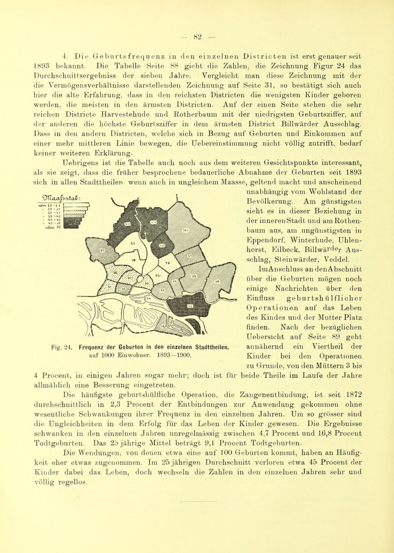 4. Die Ge burts frequ enz in den einzelnen Districten ist erst genauer seit 1893 bekannt. Die Tabelle Seite 88 giebt die Zahlen, die Zeichnung Figur 24 das Durchschnittsergebniss der sieben Jahre. Vergleicht man diese Zeichnung mit der die Vermögensverhältnisse darstellenden Zeichnung auf Seite 31, so bestätigt sich auch hier die alte Erfahrung, dass in den reichsten Districten die wenigsten Kinder geboren werden, die meisten in den ärmsten Districten. Auf der einen Seite stehen die sehr reichen Districte Harvestehude und ßotherbaum mit der niedrigsten Geburtsziffer, auf der anderen die höchste Geburtszififer in dem ärmsten District Billwärder Ausschlag. Dass in den andern Districten, welche sich in Bezug auf Geburten und Einkommen auf einer mehr mittleren Linie bewegen, die Uebereinstimmung nicht völlig zutrifft, bedarf keiner weiteren Erklärung. Uebrigens ist die Tabelle auch noch aus dem weiteren Gesichtspunkte interessant, als sie zeigt, dass die früher besprochene bedauerliche Abnahme der Geburten seit 1893 sich in allen Stadttheilen. wenn auch in ungleichem Maasse, geltend macht und anscheinend unabhängig vom Wohlstand der Bevölkerung. Am günstigsten sieht es in dieser Beziehung in der inneren Stadt und am Rothen- baum aus, am ungünstigsten in Eppendorf, Winterhude, Uhlen- horst, Eilbeck, Billwärder Aus- schlag, Steinwärder, Veddel. ImAnschluss an denAbschnitt über die Geburten mögen noch einige Nachrichten über den Einfluss geb ur tsh ü Ifli eher Operationen auf das Leben des Kindes und der Mutter Platz finden. Nach der bezüglichen üebersicht auf Seite 89 geht annähernd ein Viertheil der Kinder bei den Operationen zu Grunde, von den Müttern 3 bis 4 Procent, in einigen Jahren sogar mehr; doch ist für beide Theile im Laufe der Jahre allmählich eine Besserung eingetreten. Die häufigste geburtshülfliche Operation, die Zangenentbindung, ist seit 1872 durchschnittlich in 2,3 Procent der Entbindungen zur Anwendung gekommen ohne wesentliche Schwankungen ihrer Frequenz in den einzelnen Jahren. Um so grösser sind die Ungleichheiten in dem Erfolg für das Leben der Kinder gewesen. Die Ergebnisse schwanken in den einzelnen Jahren unregelmässig zwischen 4,7 Procent und 16,8 Procent Todtgeburten. Das 25 jährige Mittel beträgt 9,1 Procent Todtgeburten. Die Wendungen, von denen etwa eine auf 100 Geburten kommt, haben an Häufig- keit eher etwas zugenommen. Im 25 jährigen Durchschnitt verloren etwa 45 Procent der Kinder dabei das Leben, doch wechseln die Zahlen in den einzelnen Jahren sehr und völlig regellos. Fig. 24. Frequenz der Geburten in den einzelnen Stadttheilen. auf 1000 Einwohner. 1893-1900.