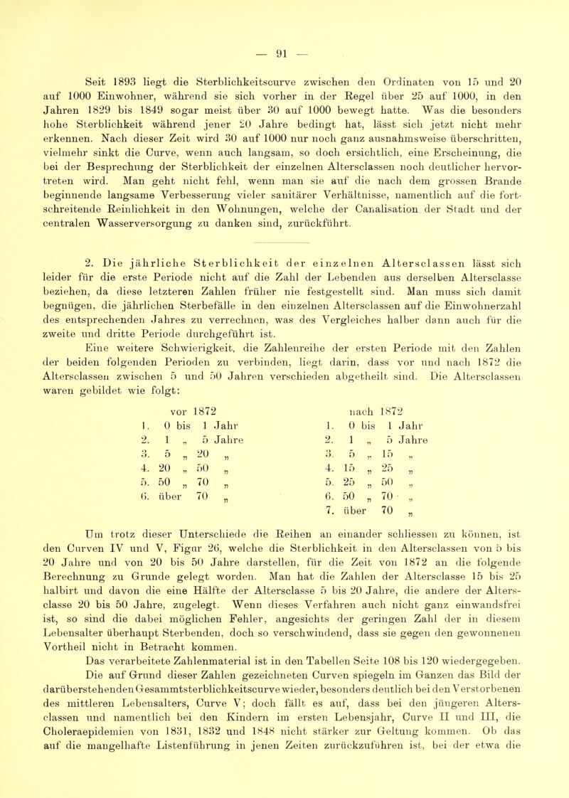 Seit 1893 liegt die Sterblichkeitscurve zwischen den Ordinaten von 15 und 20 auf 1000 Einwohner, während sie sich vorher in der Regel über 25 auf 1000, in den Jahren 1829 bis 1849 sogar meist über 30 auf 1000 bewegt hatte. Was die besonders hohe Sterblichkeit während jener 20 Jahre bedingt hat, lässt sich jetzt nicht mehr erkennen. Nach dieser Zeit wird 30 auf 1000 nur noch ganz ausnahmsweise überschritten, vielmehr sinkt die Curve, wenn auch langsam, so doch ersichtlich, eine Erscheinung, die bei der Besprechung der Sterblichkeit der einzelnen Altersclassen noch deutlicher hervor- treten wird. Man geht nicht fehl, wenn man sie auf die nach dem grossen Brande beginnende langsame Verbesserung vieler sanitärer Verhältnisse, namentlich auf die fort- schreitende Reinlichkeit in den Wohnungen, welche der Canalisation der Stadt und der centralen Wasserversorgung zu danken sind, zurückführt. 2. Die jährliche Sterblichkeit der einzelnen Altersclassen lässt sich leider für die erste Periode nicht auf die Zahl der Lebenden aus derselben Altersclasse beziehen, da diese letzteren Zahlen früher nie festgestellt sind. Man muss sich damit begnügen, die jährlichen Sterbefälle in den einzelnen Altersclassen auf die Einwohnerzahl des entsprechenden Jahres zu verrechnen, was des Vergleiches halber dann auch für die zweite und dritte Periode durchgeführt ist. Eine weitere Schwierigkeit, die Zahlenreihe der ersten Periode mit den Zahlen der beiden folgenden Perioden zu verbinden, liegt darin, dass vor und nach 1872 die Altersclassen zwischen 5 und ÖÜ Jahren verschieden abgetheilt sind. Die Altersclassen waren gebildet wie folgt: vor 1872 nach 1872 1. 0 bis 1 Jahr 1. 0 bis 1 Jahr 2. 1 „ 5 Jalire 2. 1 „ 5 Jahre o O. ö „ 20 *> o. 5 ,. 15 „ 4. 20 „ 50 H 4. 15 „ 25 „ 5. 50 „ 70 J1 5. 25 „ 50 „ 0. über 70 )1 6. 50 „ 70' „ 7. über 70 „ Um trotz dieser Unterschiede die Reihen an einander scliliessen zu können, ist den Curven IV und V, Figur 26, welche die Sterblichkeit in den Altersclassen von 5 bis 20 Jahre und von 20 bis 50 Jahre darstellen, für die Zeit von 1872 an die folgende Berechnung zu Grunde gelegt worden. Man hat die Zahlen der Altersclasse 15 bis 25 halbirt und davon die eine Hälfte der Altersclasse 5 bis 20 Jahre, die andere der Alters- classe 20 bis 50 Jahre, zugelegt. Wenn dieses Verfahren auch nicht ganz einwandsfrei ist, so sind die dabei möglichen Fehler, angesichts der geringen Zahl der in diesem Lebensalter überhaupt Sterbenden, doch so verschwindend, dass sie gegen den gewonnenen Vortheil nicht in Betracht kommen. Das verarbeitete Zahlenmaterial ist in den Tabellen Seite 108 bis 120 wiedergegeben. Die auf Grund dieser Zahlen gezeichneten Curven spiegeln im Ganzen das Bild der darüberstehendenGesammtsterblichkeitscurve wieder, besonders deutlich bei den Verstorbenen des mittleren Lebensalters, Curve V; doch fällt es auf, dass bei den jüngeren Alters- classen und namentlich bei den Kindern im ersten Lebensjahr, Curve II und III, die Choleraepidemien von 1831, 1832 und 1848 nicht stärker zur Geltung kommen. Ob das auf die mangelhafte Listenführung in jenen Zeiten zurückzuführen ist, bei der etwa die