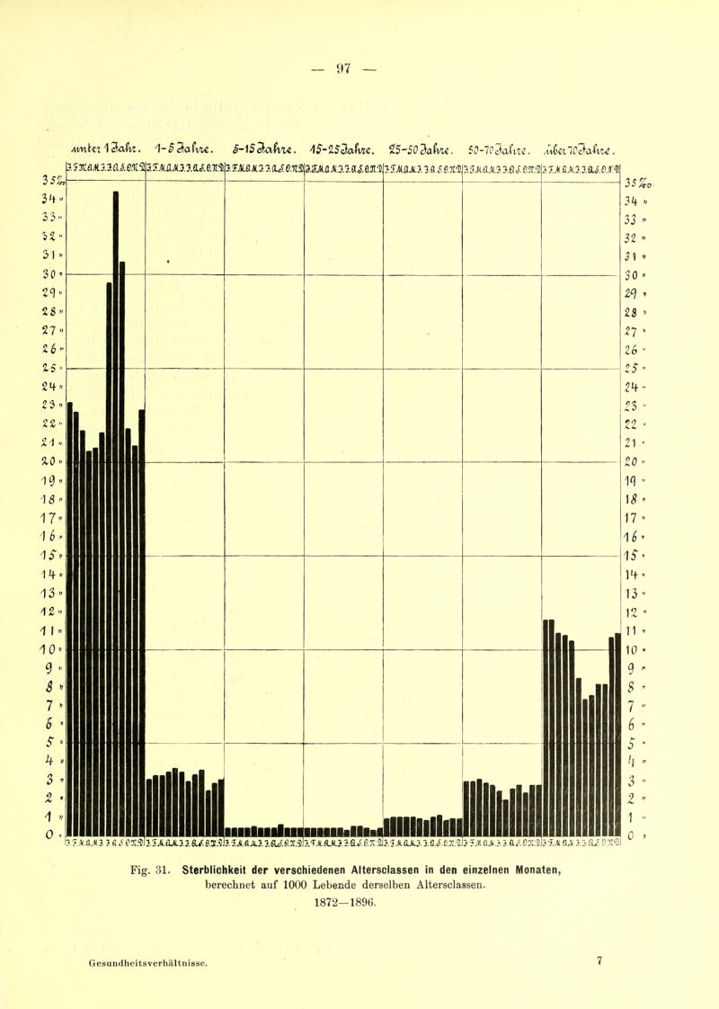 -vwihtlSak. -l-^Safvic. S-lS^xxku. 4$-lSd-afnc. iS-Södatw. 50-lc2cJiire. Ai^a7(??aW. Fig. 31. Sterblichkeit der verscliiedenen Altersciassen in den einzelnen Monaten, berechnet auf 1000 Lebende derselben Altersciassen. 1872-1896. Gesundheits Verhältnisse. 7