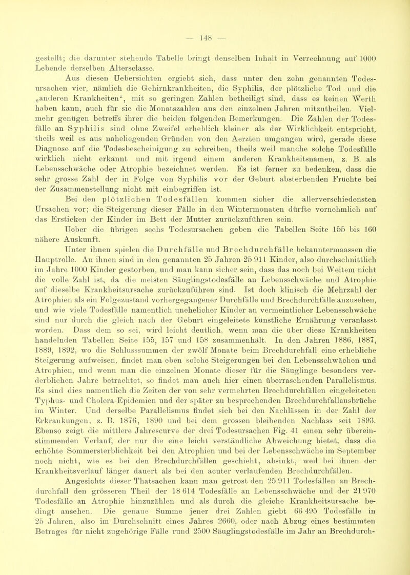 gestellt; die darunter stehende Tabelle bringt denselben Inhalt in Verrechnung auf 1000 Lebende derselben Altersclasse. Aus diesen Uebersichten ergiebt sich, dass unter den zehn genannten Todes- ursachen vier, nämlich die Grehirnkrankheiten, die Syphilis, der plötzliche Tod und die „anderen Krankheiten, mit so geringen Zahlen betheiligt sind, dass es keinen Werth haben kann, auch für sie die Monatszahlen aus den einzelnen Jahren mitzutheilen. Viel- mehr genügen betreffs ihrer die beiden folgenden Bemerkungen. Die Zahlen der Todes- fälle an Syphilis sind ohne Zweifel erheblich kleiner als der Wirklichkeit entspricht, theils weil es aus naheliegenden Gründen von den Aerzten umgangen wird, gerade diese Diagnose auf die Todesbescheinigung zu schreiben, theils weil manche solche Todesfälle wirklich nicht erkannt und mit irgend einem anderen Krankheitsnamen, z. B. als Lebensschwäche oder Atrophie bezeichnet werden. Es ist ferner zu bedenken, dass die sehr grosse Zahl der in Folge von Syphilis vor der Geburt absterbenden Früchte bei der Zusammenstellung nicht mit einbegriffen ist. Bei den plötzlichen Todesfällen kommen sicher die allerverschiedensten Ursachen vor; die Steigerung dieser Fälle in den Wintermonaten dürfte vornehmlich auf das Ersticken der Kinder im Bett der Mutter zurückzuführen sein. Ueber die übrigen sechs Todesursachen geben die Tabellen Seite 155 bis 160 nähere Auskunft. Unter ihnen s])ielen die Durchfälle und Brechdurchfälle bekanntermaassen die Hauptrolle. An ihnen sind in den genannten 25 Jahren 25 011 Kinder, also durchschnittlich im Jahre 1000 Kinder gestorben, und man kann sicher sein, dass das noch bei Weitem nicht die volle Zahl ist, da die meisten Säuglingstodesfälle an Lebensschwäche und Atrophie auf dieselbe Krankheitsursache zurückzuführen sind. Ist doch klinisch die Mehrzahl der Atrophien als ein Folgezustand vorhergegangener Durchfälle und Brechdurchfälle anzusehen, und wie viele Todesfälle namentlich unehelicher Kinder an vermeintlicher Lebensschwäche sind nur durch die gleich nach der Geburt eingeleitete künstliche Ernährung veranlasst worden. Dass dem so sei, wird leicht deutlich, wenn man die über diese Krankheiten handelnden Tabellen Seite 155, 157 und 158 zusammenhält. In den Jahren 1886, 1887, 1889, 1892, wo die Schlusssummen der zwölf Monate beim Brechdurchfall eine erhebliche Steigerung aufweisen, findet man eben solche Steigerungen bei den Lebensschwächen und Atrophien, und wenn man die einzelnen Monate dieser für die Säuglinge besonders ver- derblichen Jahre betrachtet, so findet man auch hier einen überraschenden Parallelismus. Es sind dies namentlich die Zeiten der von sehr vermehrten Brechdurchfällen eingeleiteten Typhus- und Cholera-Epidemien und der später zu besprechenden Brechdurchfallausbrüche im Winter. Und derselbe Parallelismus findet sich bei den Nachlässen in der Zahl der Erkrankungen, z. B. 1876, 1890 und bei dem grossen bleibenden Nachlass seit 1893. Ebejiso zeigt die mittlere Jahrescurve der drei Todesursachen Fig. 41 einen sehr überein- stimmenden Verlauf, der nur die eine leicht verständliche Abweichung bietet, dass die erhöhte Sommersterblichkeit bei den Atrophien und bei der Lebensschwäche im September noch nicht, wie es bei den Brechdurchfällen geschieht, absinkt, weil bei ihnen der Krankheitsverlauf länger dauert als bei den acuter verlaufenden Brechdurchfällen. Angesichts dieser Thatsachen kann man getrost den 25 911 Todesfällen an Brech- durchfall den grösseren Theil der 18 614 Todesfälle an Lebensschwäche und der 21970 Todesfälle an Atrophie hinzuzählen und als durch die gleiche Krankheitsursache be- dingt ansehen. Die genaue Summe jener drei Zahlen giebt 66 495 Todesfälle in 25 Jahren, also im Durchschnitt eines Jahres 2660, oder nach Abzug eines bestimmten Betrages für nicht zugehörige Fälle rund 2500 Säuglingstodesfälle im Jahr an Brechdurch-