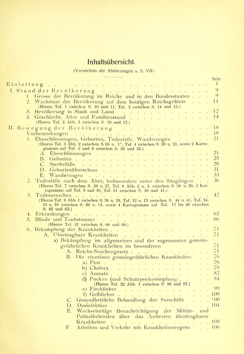 Inhaltsübersicht. (Verzeichnis der Abkürzungen s. S. VII). Seite Einleitung 1 I. S t a n d d e r B e V ö 1 k e r u n g 9 1. Grösse der Bevölkerung im Reiche und in den Bundesstaaten ... 9 2. Wachstum der Bevölkerung auf dem heutigen Reichsgebiete ... 11 (Hierzu Taf. 1 zwischen S. 10 und 11, Taf. 2 zwischen S. 14 und 15.) 3. Bevölkerung in Stadt und Land 12 4. Geschlecht, Alter und Familienstand 14 (Hierz.u Taf. 3 Abb. 1 zwischen S. 16_und 17.) II. 1^ e w e g u n g d e r B c V ö I k e r u n g 18 Vorbemerkungen 18 1. Eheschliessungen, Geburten, Todesfälle, Wanderungen 21 (Hierzu Taf. 3 Abb. 2 zwischen S. 16 u. 1, Taf. 4 z\vischen S. 20 u. 21, sowie 2 Karto- gramme auf Taf. 5 und 6 zwischen S. 32 und 33.) A. Eheschliessungen 21 B. Geburten 25 C. Sterbefälle 28 D. Geburtenüberschuss 31 E. Wanderunp-en 33 2. Todesfälle nach dem Alter, insbesondere unter den Säuglingen . . 3b (Hierzu Taf. 7 zwischen S. 36 u. 37, Taf. 8 Abb. 2 u. 3 z\vischen S. 38 u. 39, 2 Kar- togramme auf Taf. 9 und 10,_Taf. 11 zwischen S. 40 und 41.) 3. Todesursachen 42 (Hierzu Taf. 8 Abb. 1 zwischen S. 38 u. 39, Taf. 12 u. 13 zwischen S. 44 u. 45. Taf. 14, 15 u. 16 zwischen S. 60 u. (il, sowie 4 Kartogramme auf Taf. 17 bis 20 zwischen S. 62 und 63.) 4. Erkrankungen 62 5. Blinde und Taubstumme 66 (Hierzu Taf. 21 zwischen S. 68 und 69.) 6. Bekämpfung der Krankheiten 71 A. Übertragbare Krankheiten 71 a) Bekämpfung im allgemeinen und der sogenannten gemein- gefährlichen Krankheiten im besonderen 71 A. Reichs-Seuchengesetz 71 B. Die einzelnen gemeingefährlichen Krankheiten ... 76 a) Pest 76 b) Cholera 78 c) Aussatz 82 d) Pocken (und Schutzpockenimpfimg) ..... 84 (Hierzu Taf. 22 Abb. 1 zwischen S. 96 iind 97.) e) Fleckfieber 99 f) Gelbfieber 100 C. Gesundheitliche Behandlung der Seeschiffe . . . .100 D. Desinfektion 104 E. Wechselseitige Benachrichtigung der Militär- und Polizeibehörden über das Auftreten übertragbarer Krankheiten 105 F. Arbeiten und Verkehr mit Krankheitserregern . . . 106