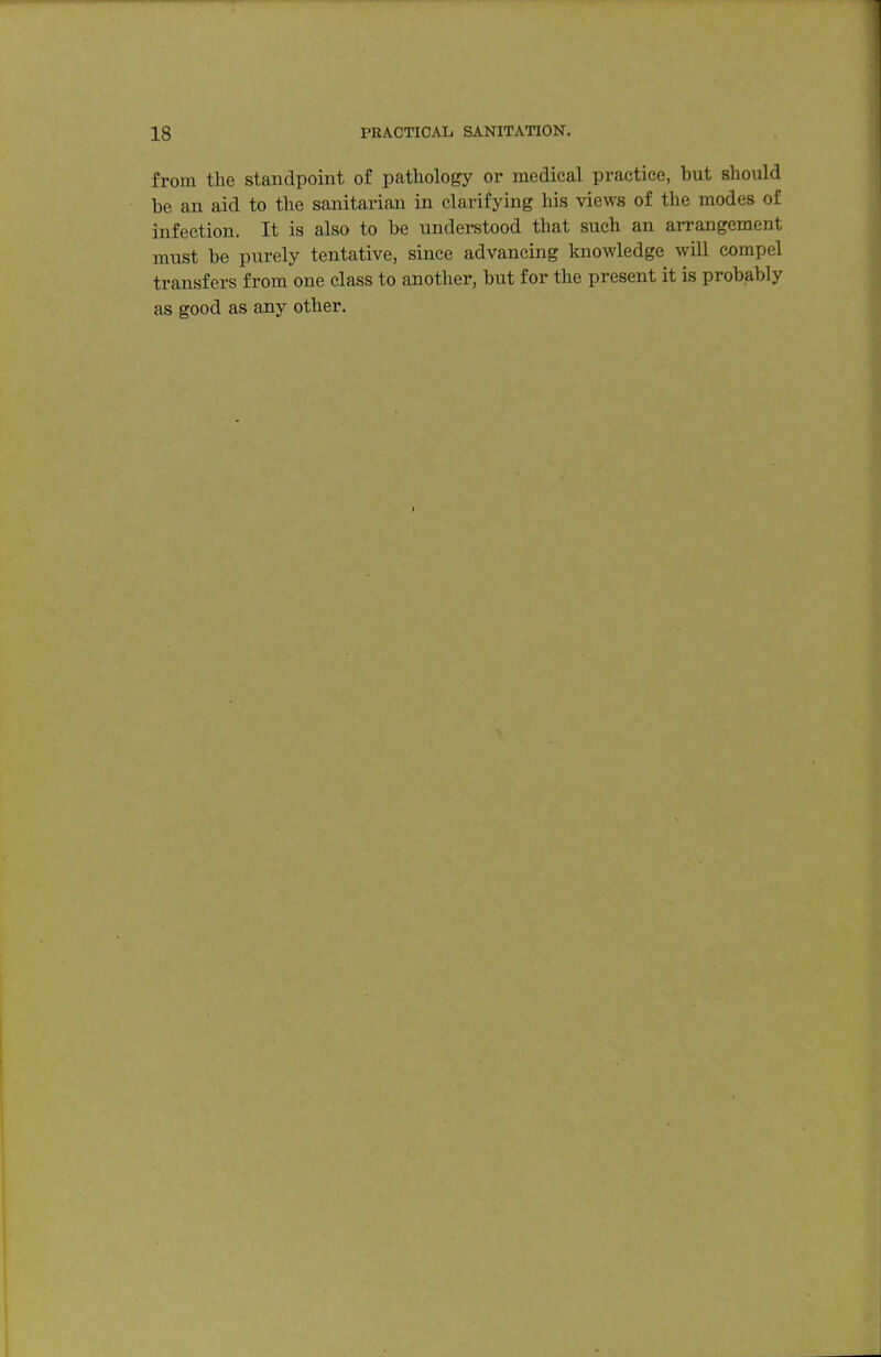 from the standpoint of pathology or medical pra<;tice, but should be an aid to the sanitarian in clarifying his views of the modes of infection. It is also to be understood that such an arrangement must be purely tentative, since advancing knowledge will compel transfers from one class to another, but for the present it is probably as good as any other.