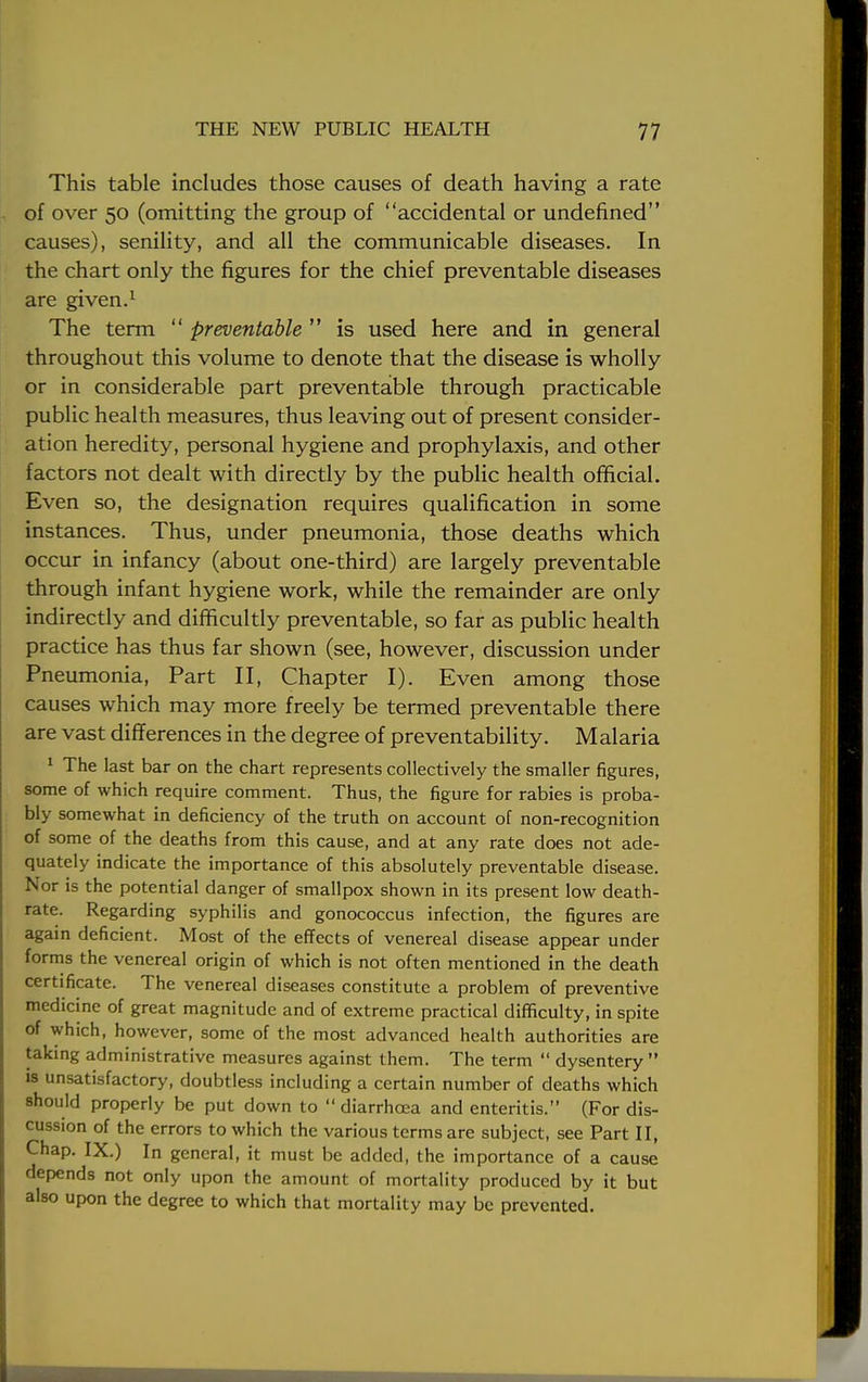 This table includes those causes of death having a rate of over 50 (omitting the group of accidental or undefined causes), senility, and all the communicable diseases. In the chart only the figures for the chief preventable diseases are given.1 The term  preventable  is used here and in general throughout this volume to denote that the disease is wholly or in considerable part preventable through practicable public health measures, thus leaving out of present consider- ation heredity, personal hygiene and prophylaxis, and other factors not dealt with directly by the public health official. Even so, the designation requires qualification in some instances. Thus, under pneumonia, those deaths which occur in infancy (about one-third) are largely preventable through infant hygiene work, while the remainder are only indirectly and difficultly preventable, so far as public health practice has thus far shown (see, however, discussion under Pneumonia, Part II, Chapter I). Even among those causes which may more freely be termed preventable there are vast differences in the degree of preventability. Malaria 1 The last bar on the chart represents collectively the smaller figures, some of which require comment. Thus, the figure for rabies is proba- bly somewhat in deficiency of the truth on account of non-recognition of some of the deaths from this cause, and at any rate does not ade- quately indicate the importance of this absolutely preventable disease. Nor is the potential danger of smallpox shown in its present low death- rate. Regarding syphilis and gonococcus infection, the figures are again deficient. Most of the effects of venereal disease appear under forms the venereal origin of which is not often mentioned in the death certificate. The venereal diseases constitute a problem of preventive medicine of great magnitude and of extreme practical difficulty, in spite of which, however, some of the most advanced health authorities are taking administrative measures against them. The term  dysentery  is unsatisfactory, doubtless including a certain number of deaths which should properly be put down to diarrhoea and enteritis. (For dis- cussion of the errors to which the various terms are subject, see Part II, Chap. IX.) In general, it must be added, the importance of a cause depends not only upon the amount of mortality produced by it but also upon the degree to which that mortality may be prevented.