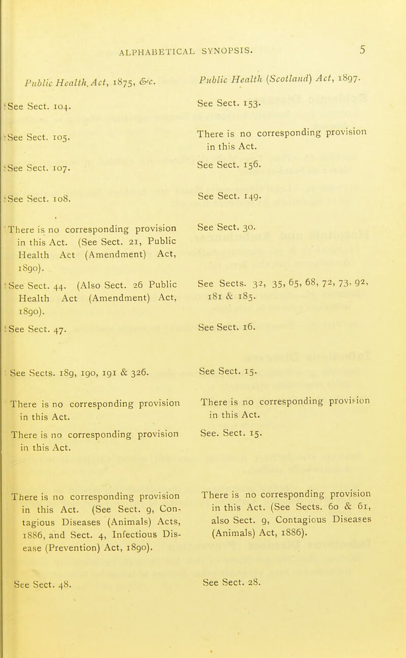 Public Health. Act, 1875, &'c. See Sect. 104. See Sect. 105. See Sect. 107. See Sect. 108. There is no corresponding provision in this Act. (See Sect. 21, Public Health Act (Amendment) Act, iSgo). : See Sect. 44. (Also Sect. 26 Public Health Act (Amendment) Act, iSgo). : See Sect. 47. ■ See Sects. 189, 190, 191 & 326. There is no corresponding provision in this Act. There is no corresponding provision in this Act. There is no corresponding provision in this Act. (See Sect, g, Con- tagious Diseases (Animals) Acts, 1886, and Sect. 4, Infectious Dis- ease (Prevention) Act, i8go). Public Health {Scotland) Act, 1897. See Sect. 153. There is no corresponding provision in this Act. See Sect. 156. See Sect. 149. See Sect. 30. See Sects. 32, 35, 65, 68, 72, 73, 92, 181 & 185. See Sect. 16. See Sect. 15. There is no corresponding provifion in this Act. See. Sect. 15. There is no corresponding provision in this Act. (See Sects. 60 & 61, also Sect. 9, Contagious Diseases (Animals) Act, 1886). See Sect. 48.