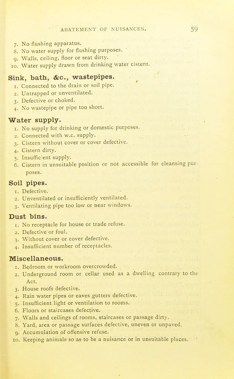 7. No flushing apparatus. 8. No water supply for flushing purposes, g. Walls, ceiling, floor or seat dirty. 10. Water supply drawn from drinking water cistern. Sink, bath, &c., wastepipes. ^ 1. Connected to the drain or soil pipe. 2. Untrapped or unventilated. 3. Defective or choked. 4. No wastepipe or pipe too short. Water supply. 1. No supply for drinking or domestic purposes. 2. Connected with w.c. supply. 3. Cistern without cover or cover defective. 4. Cistern dirty. 5. Insuffic'ent supply. 6. Cistern in unsuitable position or not accessible for cleansing pur- poses. Soil pipes. 1. Defective. 2. Unventilated or insufficiently ventilated. 3. Ventilating pipe too low or near windows. Dust bins. 1. No receptacle for house or trade refuse. 2. Defective or foul. 3. Without cover or cover defective. 4. Insufficient number of receptacles. Miscellaneous. 1. Bedroom or workroom overcrowded. 2. Underground room or cellar used as a dwelling contrary to the Act. 3. House roofs defective. 4. Rain water pipes or eaves gutters defective. 5. Insufficient light or ventilation to rooms. 6. Floors or staircases defective. 7. Walls and ceilings of rooms, staircases or passage dirty. 8. Yard, area or passage surfaces defective, uneven or unpaved. 9. Accumulation of offensive refuse. 10. Keeping animals-so as to be a nuisance or in unsuitable places.