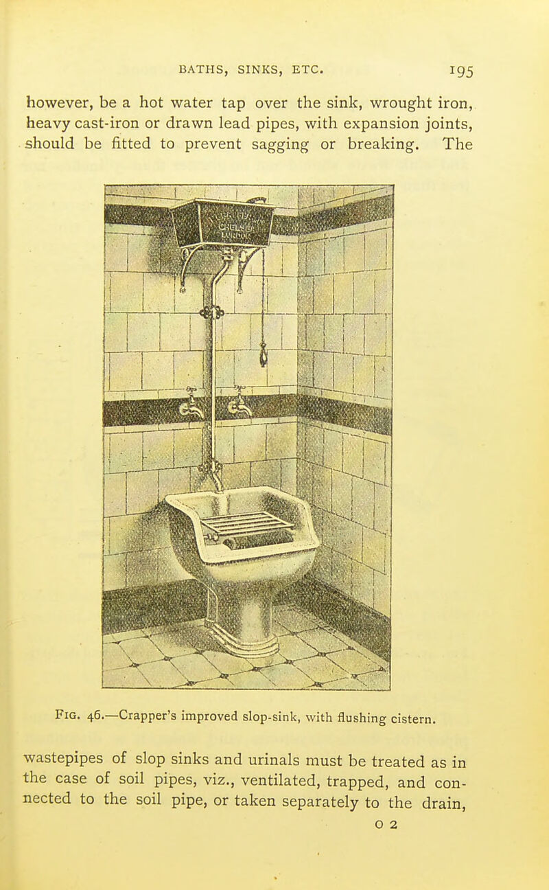 however, be a hot water tap over the sink, wrought iron, heavy cast-iron or drawn lead pipes, with expansion joints, should be fitted to prevent sagging or breaking. The Fig. 46.—Crapper's improved slop-sink, with flushing cistern. wastepipes of slop sinks and urinals must be treated as in the case of soil pipes, viz., ventilated, trapped, and con- nected to the soil pipe, or taken separately to the drain,