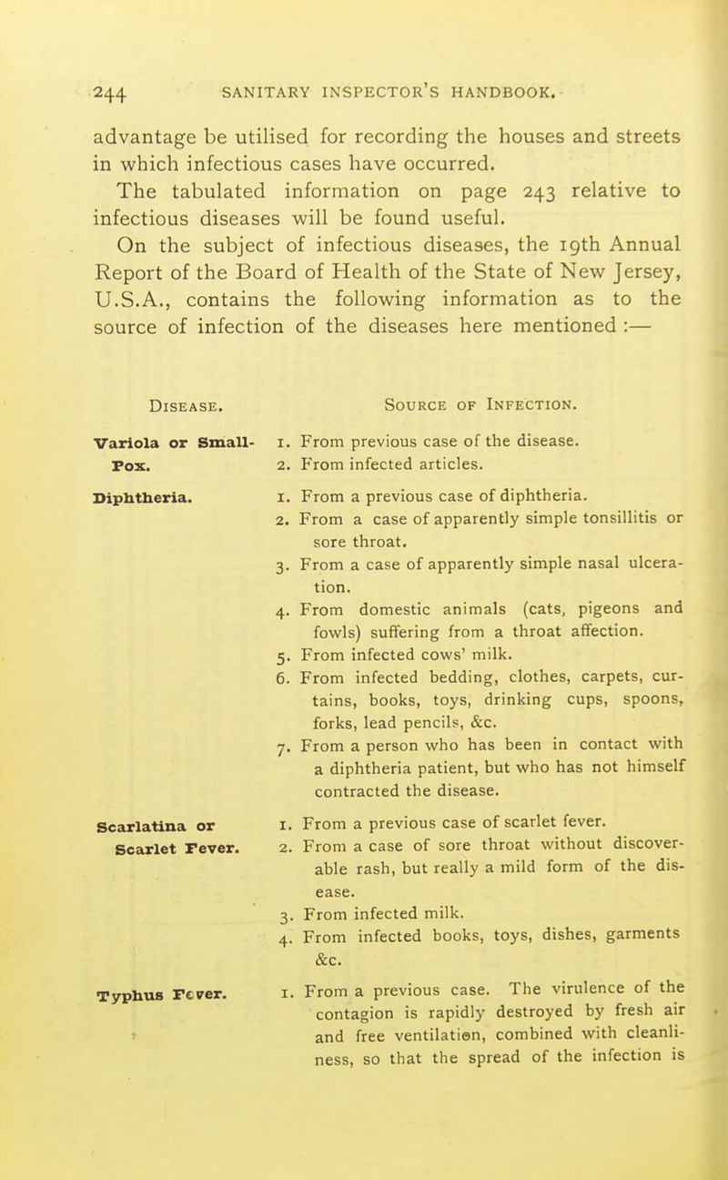 advantage be utilised for recording the houses and streets in which infectious cases have occurred. The tabulated information on page 243 relative to infectious diseases will be found useful. On the subject of infectious diseases, the 19th Annual Report of the Board of Health of the State of New Jersey, U.S.A., contains the following information as to the source of infection of the diseases here mentioned :— Disease. Source of Infection. Variola or Small- Fox. Diphtheria. Scarlatina or Scarlet Pever. Typhus Fever. 1. From previous case of the disease. 2. From infected articles. 1. From a previous case of diphtheria. 2. From a case of apparently simple tonsillitis or sore throat. 3. From a case of apparently simple nasal ulcera- tion. 4. From domestic animals (cats, pigeons and fowls) suffering from a throat affection. 5. From infected cows' milk. 6. From infected bedding, clothes, carpets, cur- tains, books, toys, drinking cups, spoons, forks, lead pencils, &c. 7. From a person who has been in contact with a diphtheria patient, but who has not himself contracted the disease. 1. From a previous case of scarlet fever. 2. From a case of sore throat without discover- able rash, but really a mild form of the dis- ease. 3. From infected milk. 4. From infected books, toys, dishes, garments &c. I. From a previous case. The virulence of the contagion is rapidly destroyed by fresh air and free ventilation, combined with cleanli- ness, so that the spread of the infection is