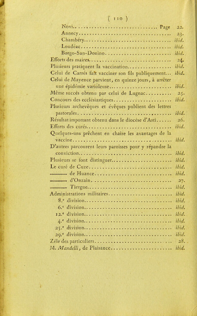 ( I io ) Novi Page 22. Annecy 23. Chambéry ib'id. Loudéac. ibid. Borgo-San-Donino ib'id. Efforts des maires 24. Plusieurs pratiquent la vaccination ib'id. Celui de Carrés fart vacciner son fils publiquement... ibid. Celui de Mayence parvient, en quinze jours, à arrêter une épidémie varioleuse ib'id. Même succès obtenu par celui de Lugnac 25. Concours des ecclésiastiques ib'id. Plusieurs archevêques et évêques publient des lettres pastorales ib'id. Résultat important obtenu dans le diocèse d'Asti 26. Efforts des curés ibid. Quelques-uns prêchent en chaire les avantages de la vaccine ibid. D'autres parcourent leurs paroisses pour y répandre la conviction ibid. Plusieurs se font distinguer ibid. Le curé de Cuze ibid. de Huance ibid. - d'Onzain ■. 27. Tiergue ibid. Administrations militaires ibid. 8.c division ibid. 6.c division ibid. I2.e division..., .' ibid. 4-e division ibid. 25.e division ibid. 29.° division ibid. Zèle des particuliers ... 28. M. MandeUi, de Plaisance ibid.