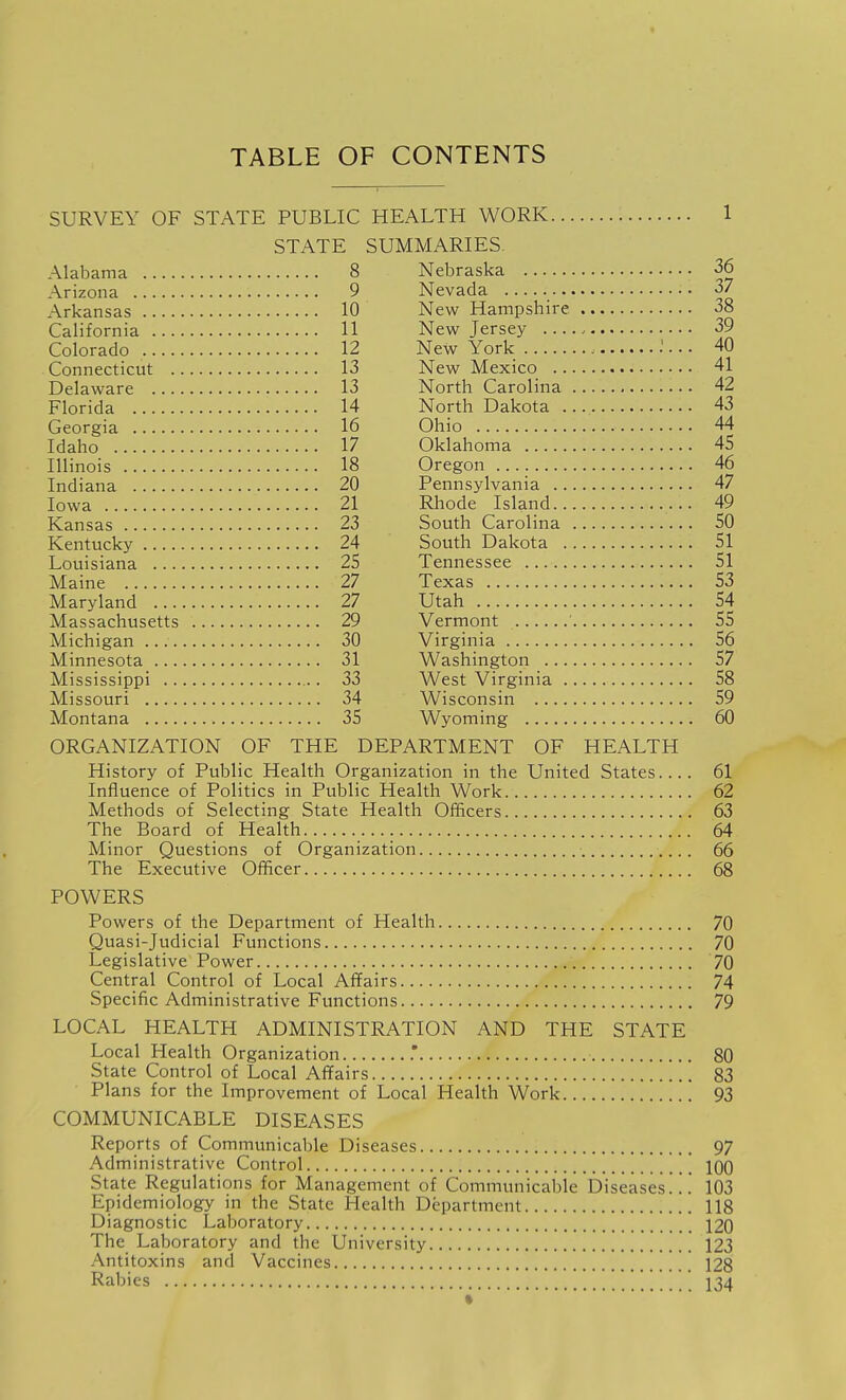 TABLE OF CONTENTS SURVEY OF STATE PUBLIC HEALTH WORK 1 STATE SUMMARIES. Alabama 8 Arizona 9 Arkansas 10 California 11 Colorado 12 Connecticut 13 Delaware 13 Florida 14 Georgia 16 Idaho 17 Illinois 18 Indiana 20 Iowa 21 Kansas 23 Kentucky 24 Louisiana 25 Maine 27 Maryland 27 Massachusetts 29 Michigan 30 Minnesota 31 Mississippi 33 Missouri 34 Montana 35 Nebraska 36 Nevada 37 New Hampshire 38 New Jersey 39 New York .'... 40 New Mexico 41 North Carolina 42 North Dakota 43 Ohio 44 Oklahoma 45 Oregon 46 Pennsylvania 47 Rhode Island 49 South Carolina 50 South Dakota 51 Tennessee 51 Texas 53 Utah 54 Vermont 55 Virginia 56 Washington 57 West Virginia 58 Wisconsin 59 Wyoming 60 ORGANIZATION OF THE DEPARTMENT OF HEALTH History of Public Health Organization in the United States 61 Influence of Politics in Public Health Work 62 Methods of Selecting State Health Officers 63 The Board of Health 64 Minor Questions of Organization 66 The Executive Officer 68 POWERS Powers of the Department of Health 70 Quasi-Judicial Functions 70 Legislative Power 70 Central Control of Local Affairs 74 Specific Administrative Functions 79 LOCAL HEALTH ADMINISTRATION AND THE STATE Local Health Organization .' 80 State Control of Local Affairs 83 Plans for the Improvement of Local Health Work 93 COMMUNICABLE DISEASES Reports of Communicable Diseases 97 Administrative Control JQO State Regulations for Management of Communicable Diseases.!! 103 Epidemiology in the State Health Department 118 Diagnostic Laboratory 120 The Laboratory and the University 123 Antitoxins and Vaccines 128 Rabies I34