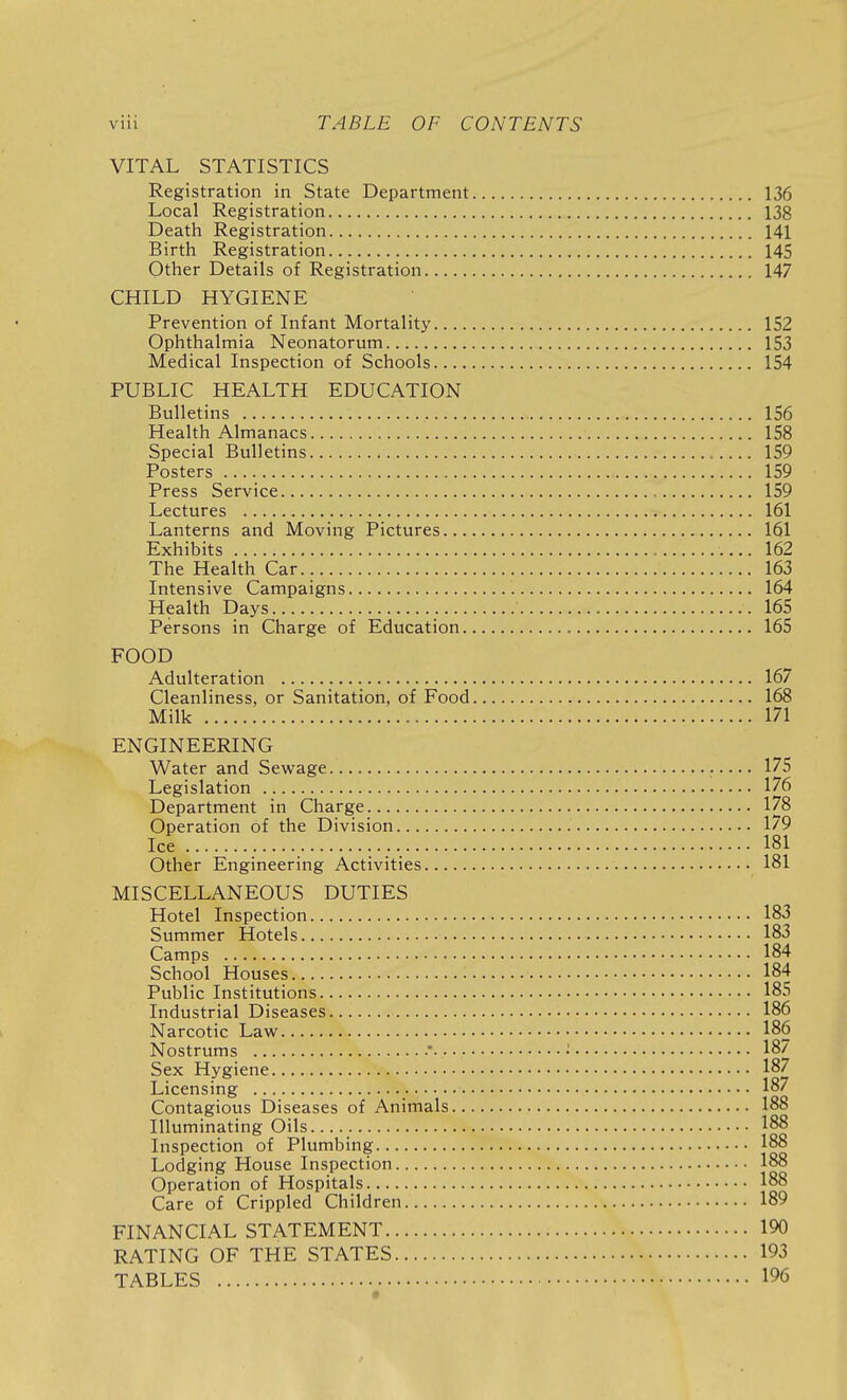 VITAL STATISTICS Registration in State Department 136 Local Registration 138 Death Registration 141 Birth Registration 145 Other Details of Registration 147 CHILD HYGIENE Prevention of Infant Mortality 152 Ophthalmia Neonatorum 153 Medical Inspection of Schools 154 PUBLIC HEALTH EDUCATION Bulletins 156 Health Almanacs 158 Special Bulletins 159 Posters 159 Press Service 159 Lectures 161 Lanterns and Moving Pictures 161 Exhibits 162 The Health Car. . 163 Intensive Campaigns 164 Health Days 165 Persons in Charge of Education 165 FOOD Adulteration 167 Cleanliness, or Sanitation, of Food 168 Milk 171 ENGINEERING Water and Sewage 175 Legislation 176 Department in Charge 178 Operation of the Division 179 Ice _ 181 Other Engineering Activities 181 MISCELLANEOUS DUTIES Hotel Inspection 183 Summer Hotels 183 Camps 184 School Houses 184 Public Institutions 185 Industrial Diseases 186 Narcotic Law 186 Nostrums ' • 187 Sex Hygiene 187 Licensing 187 Contagious Diseases of Animals 188 Illuminating Oils 188 Inspection of Plumbing 188 Lodging House Inspection 188 Operation of Hospitals 188 Care of Crippled Children 189 FINANCIAL STATEMENT 190 RATING OF THE STATES 193 TABLES 196 «